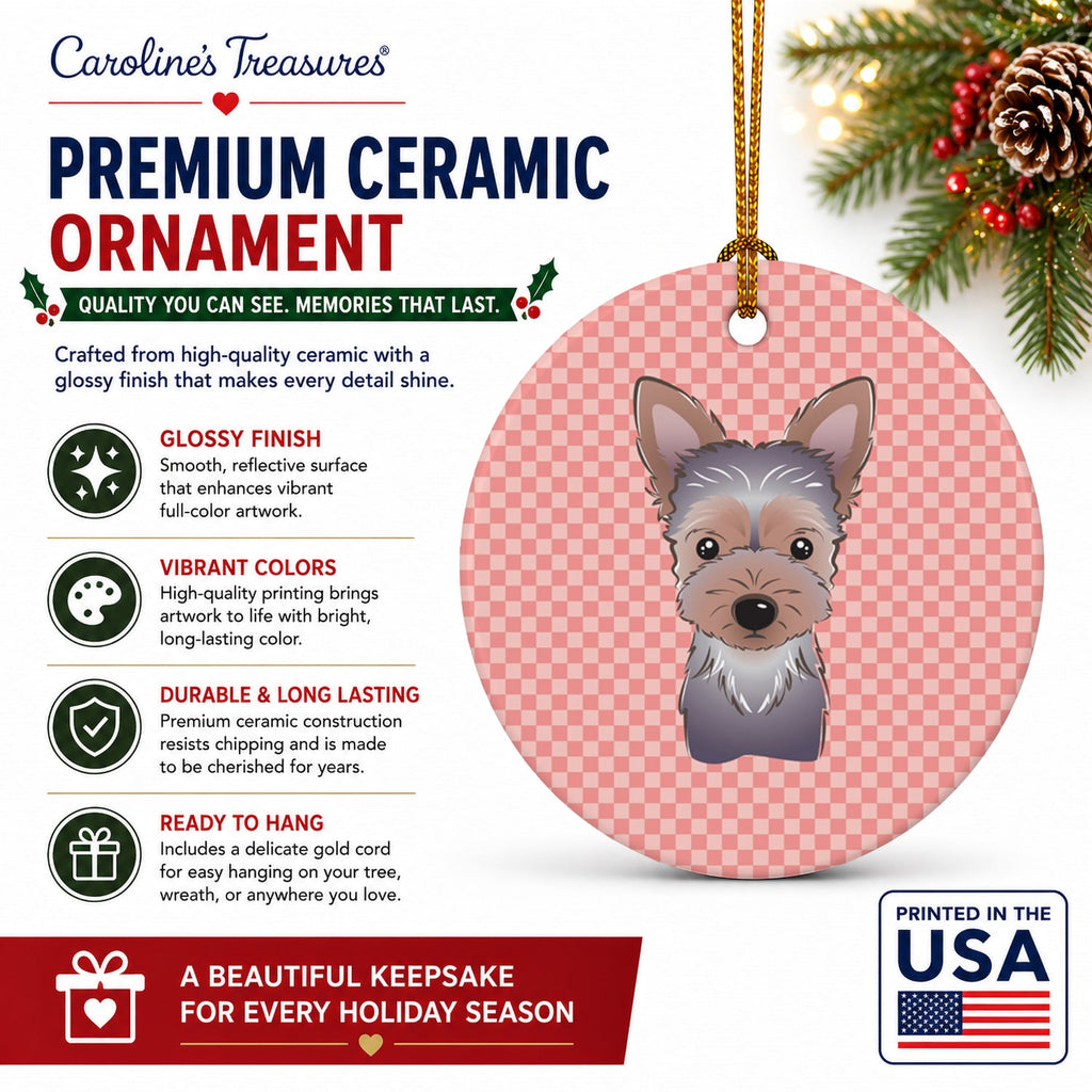 Checkerboard Pink Yorkie Puppy Ceramic Ornament Christmas Tree Hanging Decorations for Home Christmas Holiday, Party, Gift, 3 in, Multicolor
