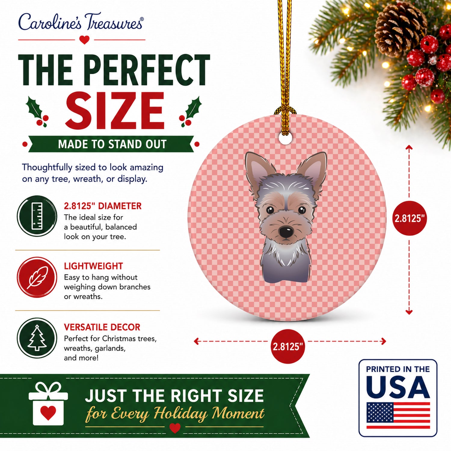 Checkerboard Pink Yorkie Puppy Ceramic Ornament Christmas Tree Hanging Decorations for Home Christmas Holiday, Party, Gift, 3 in, Multicolor