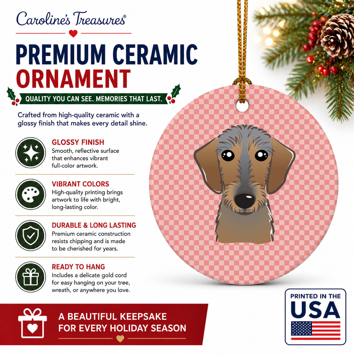 Checkerboard Pink Wirehaired Dachshund Ceramic Ornament Christmas Tree Hanging Decorations for Home Christmas Holiday, Party, Gift, 3 in, Multicolor