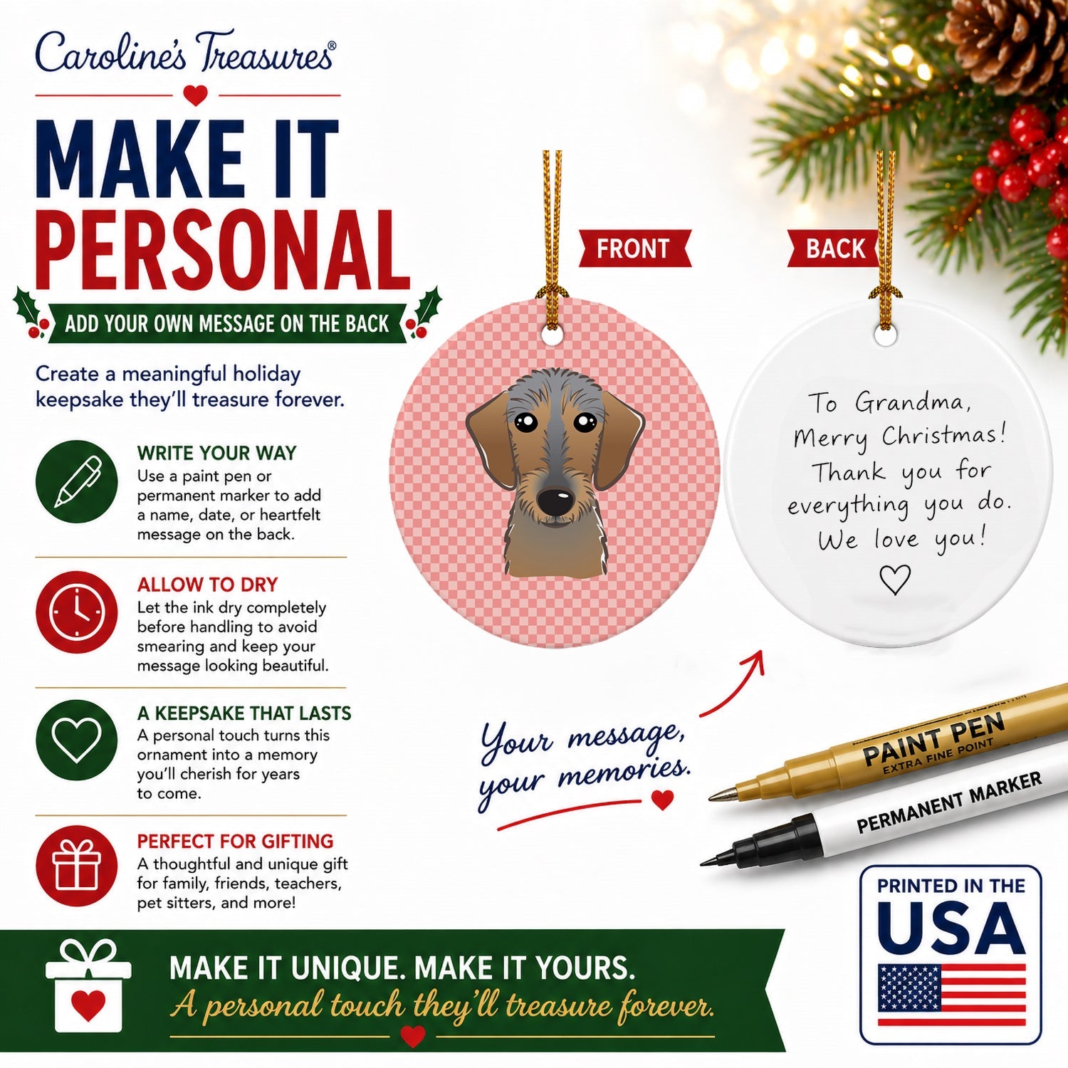 Checkerboard Pink Wirehaired Dachshund Ceramic Ornament Christmas Tree Hanging Decorations for Home Christmas Holiday, Party, Gift, 3 in, Multicolor