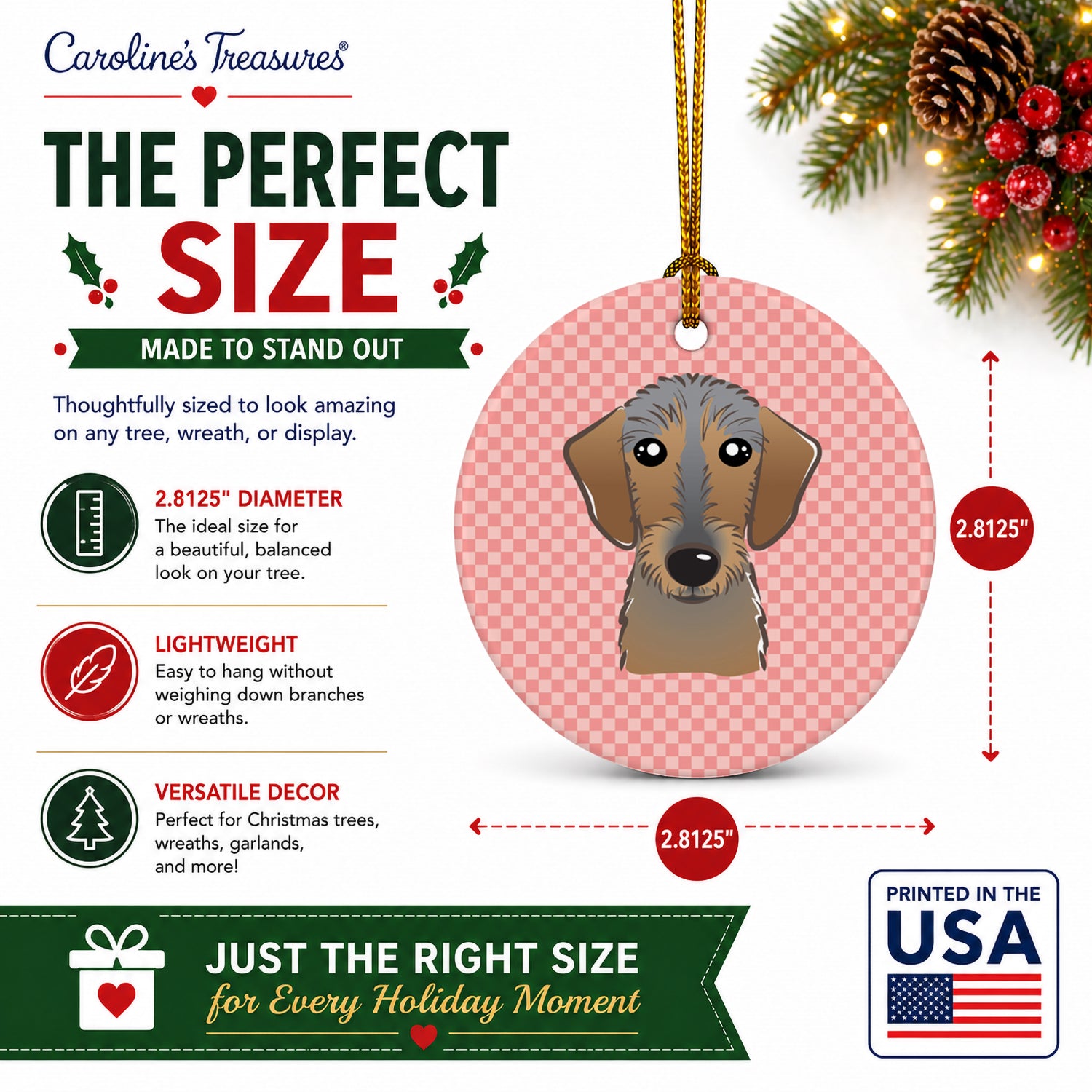 Checkerboard Pink Wirehaired Dachshund Ceramic Ornament Christmas Tree Hanging Decorations for Home Christmas Holiday, Party, Gift, 3 in, Multicolor