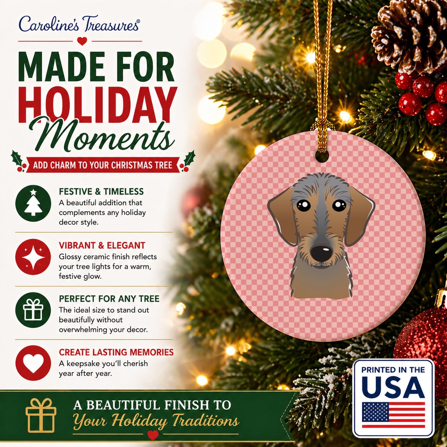 Checkerboard Pink Wirehaired Dachshund Ceramic Ornament Christmas Tree Hanging Decorations for Home Christmas Holiday, Party, Gift, 3 in, Multicolor
