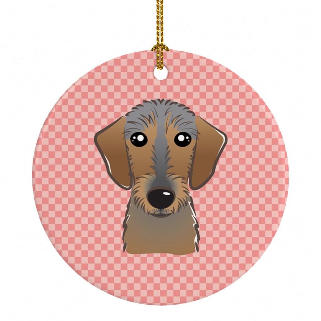 Checkerboard Pink Wirehaired Dachshund Ceramic Ornament Christmas Tree Hanging Decorations for Home Christmas Holiday, Party, Gift, 3 in, Multicolor
