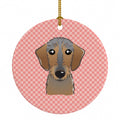 Checkerboard Pink Wirehaired Dachshund Ceramic Ornament Christmas Tree Hanging Decorations for Home Christmas Holiday, Party, Gift, 3 in, Multicolor
