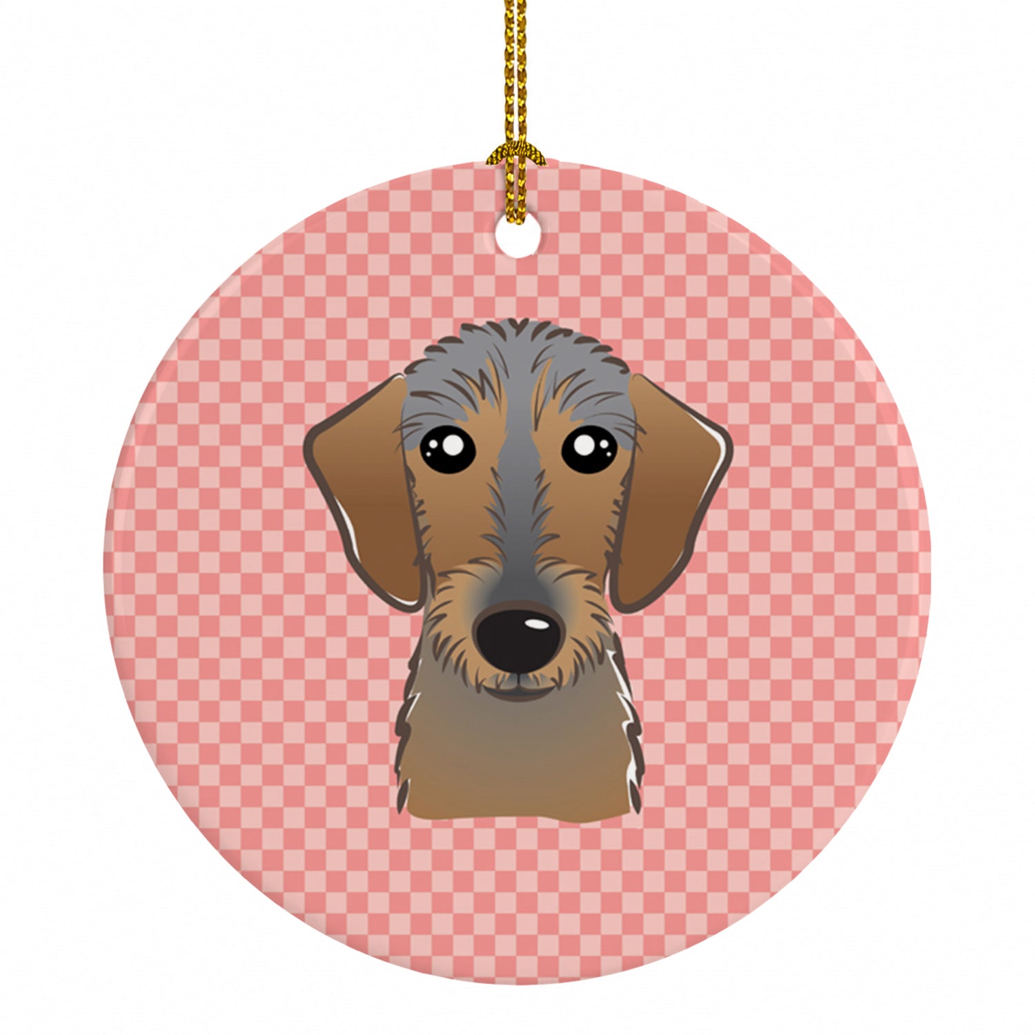 Checkerboard Pink Wirehaired Dachshund Ceramic Ornament Christmas Tree Hanging Decorations for Home Christmas Holiday, Party, Gift, 3 in, Multicolor