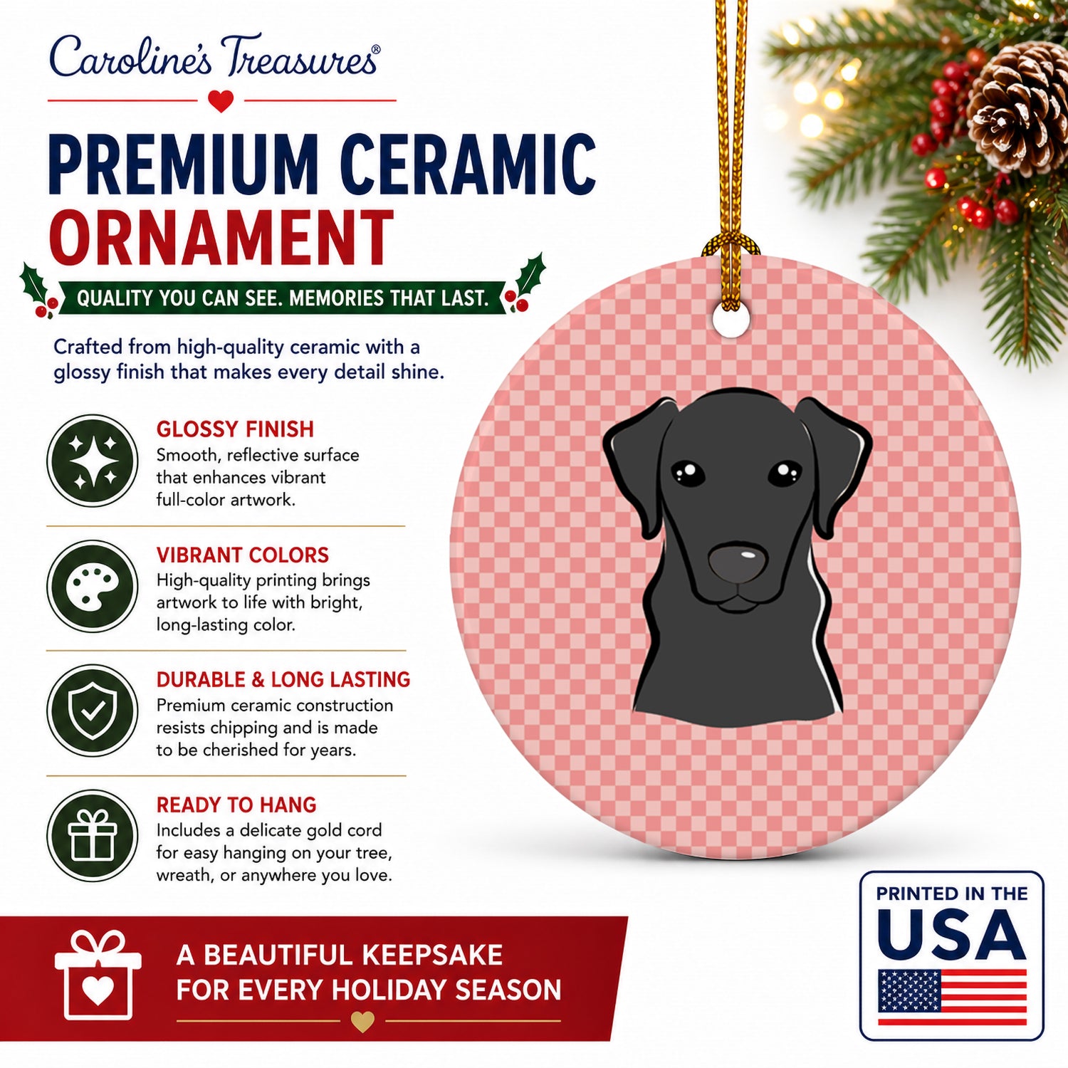 Checkerboard Pink Black Labrador Ceramic Ornament Christmas Tree Hanging Decorations for Home Christmas Holiday, Party, Gift, 3 in, Multicolor