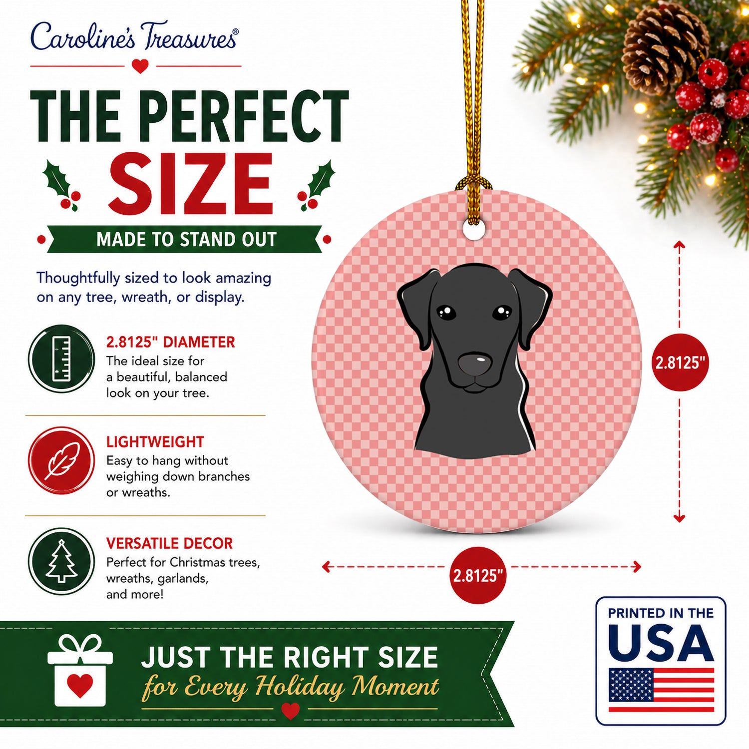 Checkerboard Pink Black Labrador Ceramic Ornament Christmas Tree Hanging Decorations for Home Christmas Holiday, Party, Gift, 3 in, Multicolor