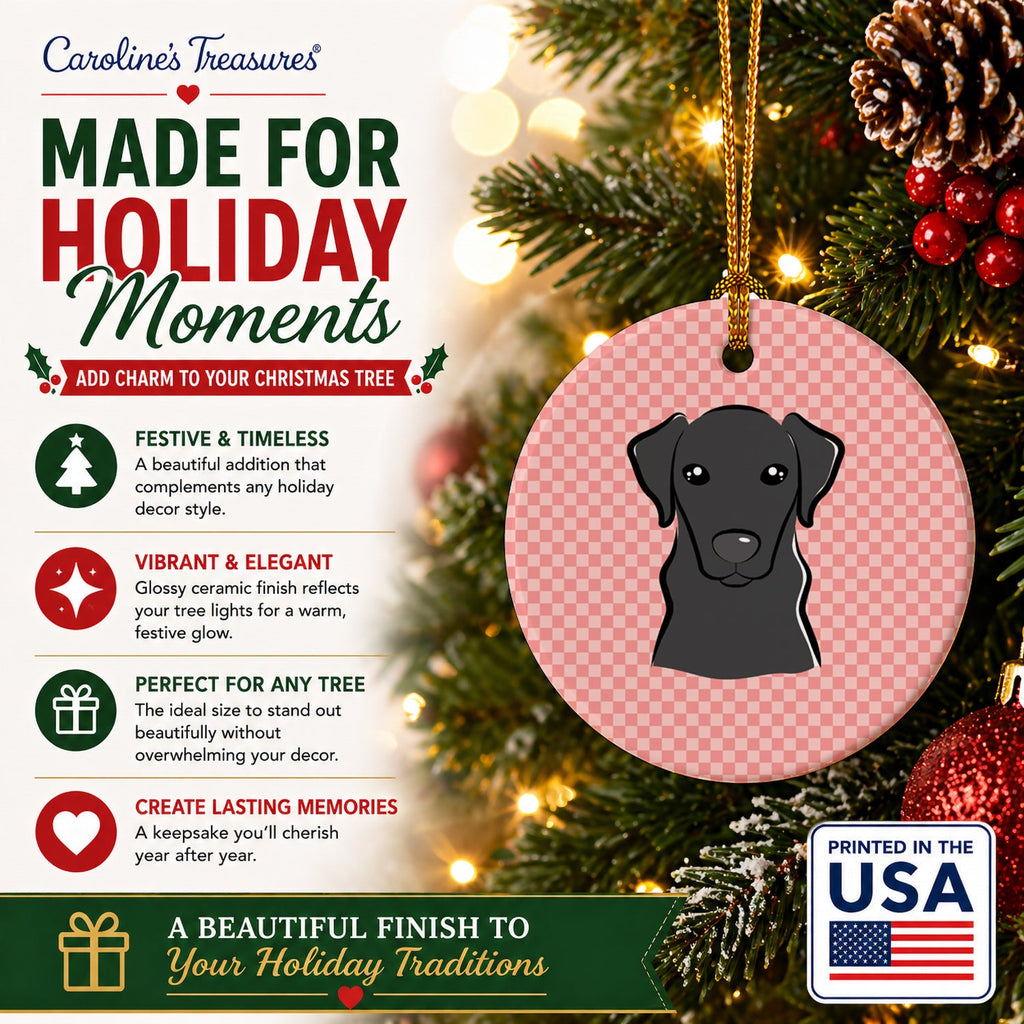Checkerboard Pink Black Labrador Ceramic Ornament Christmas Tree Hanging Decorations for Home Christmas Holiday, Party, Gift, 3 in, Multicolor