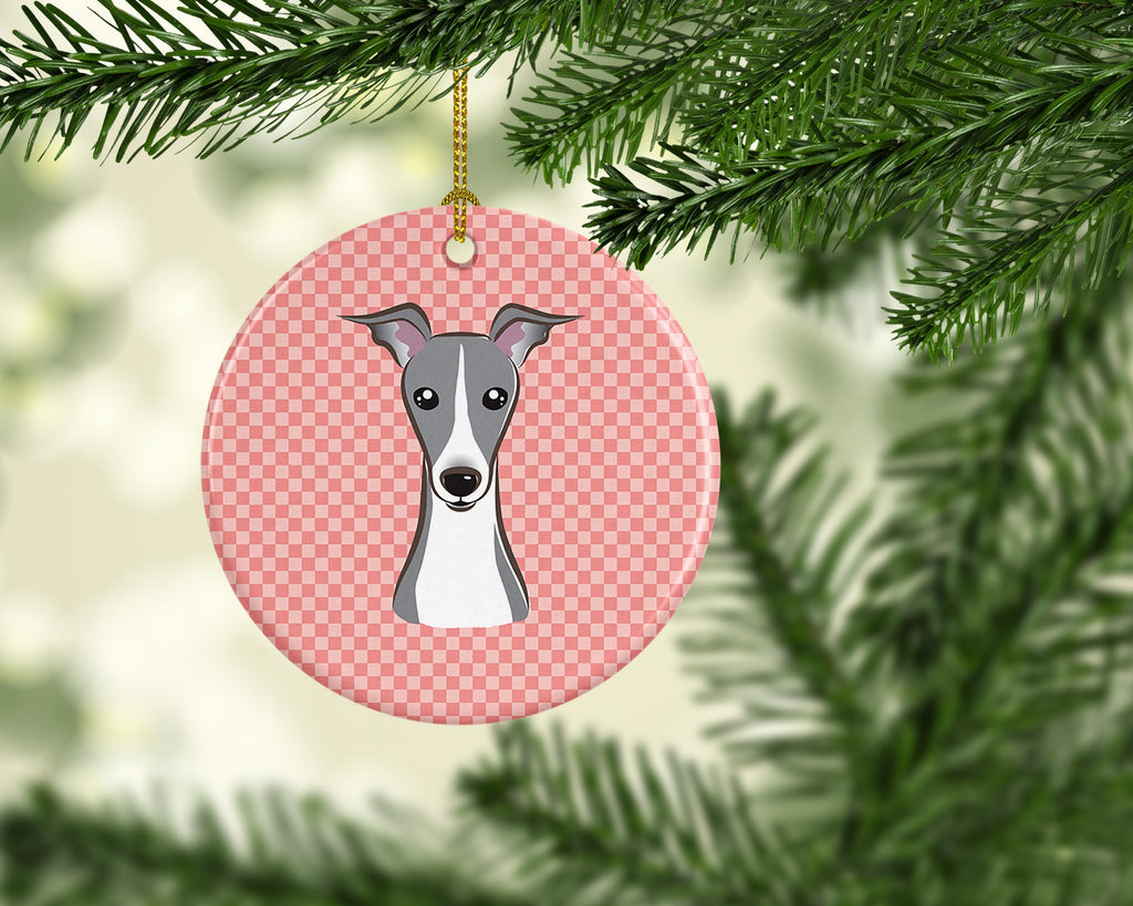 Checkerboard Pink Italian Greyhound Ceramic Ornament Christmas Tree Hanging Decorations for Home Christmas Holiday, Party, Gift, 3 in, Multicolor
