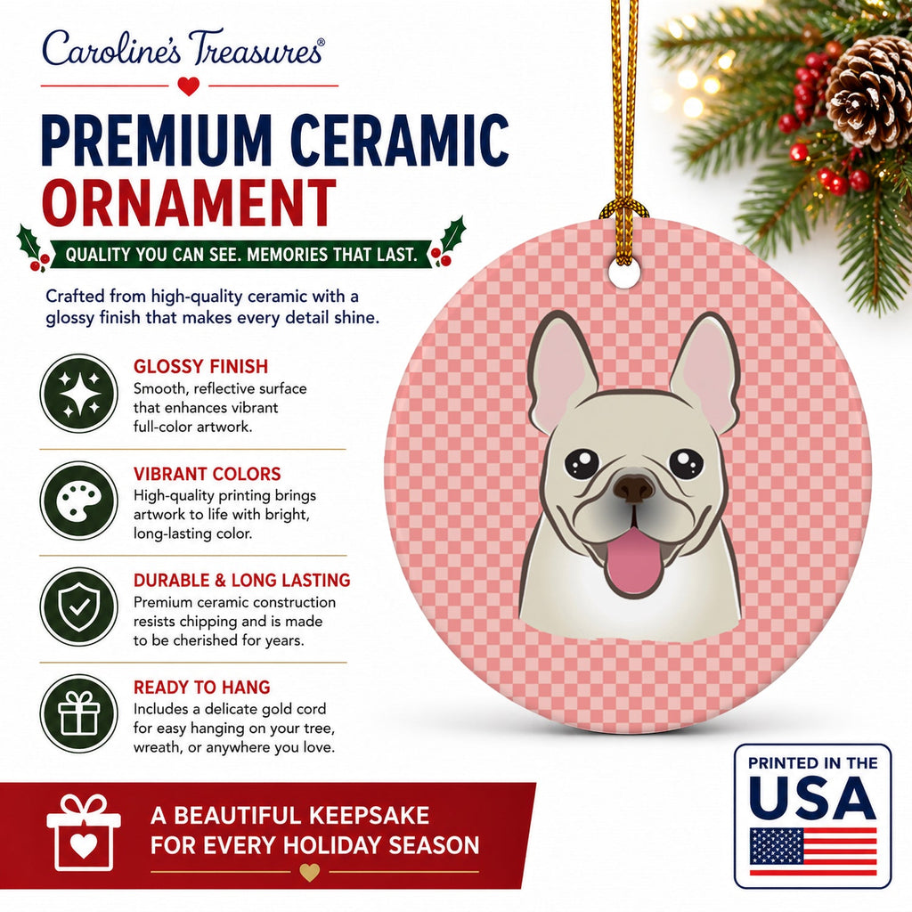Checkerboard Pink French Bulldog Ceramic Ornament Christmas Tree Hanging Decorations for Home Christmas Holiday, Party, Gift, 3 in, Multicolor