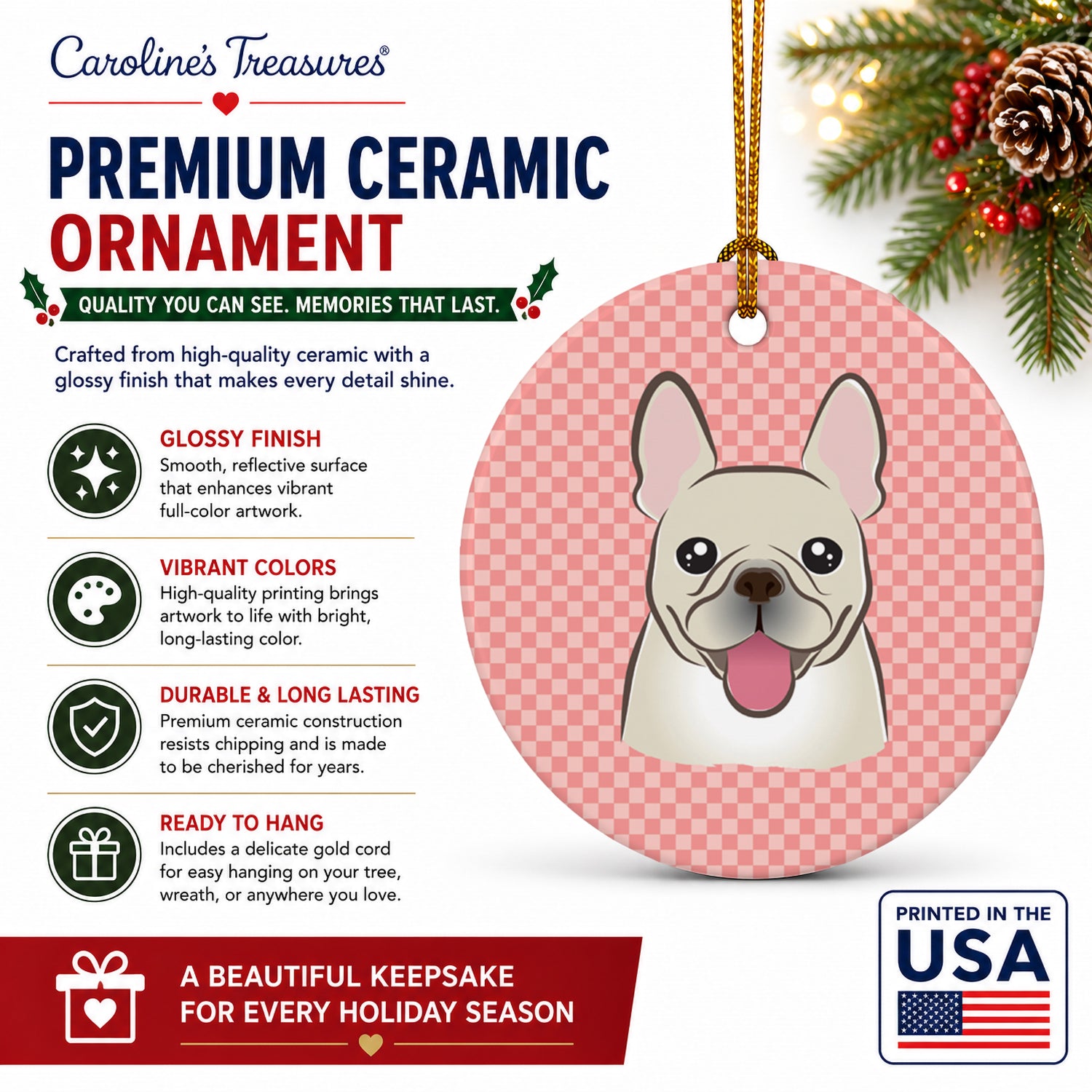 Checkerboard Pink French Bulldog Ceramic Ornament Christmas Tree Hanging Decorations for Home Christmas Holiday, Party, Gift, 3 in, Multicolor