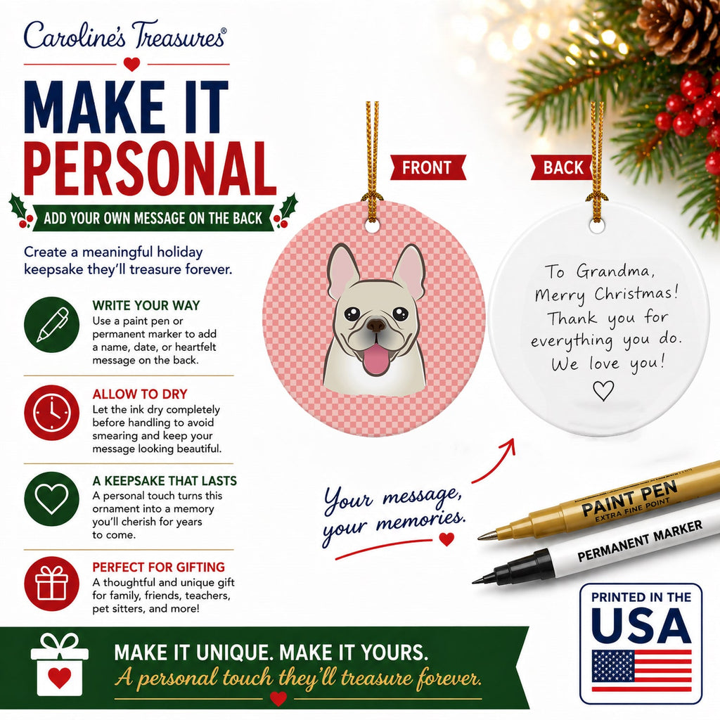 Checkerboard Pink French Bulldog Ceramic Ornament Christmas Tree Hanging Decorations for Home Christmas Holiday, Party, Gift, 3 in, Multicolor