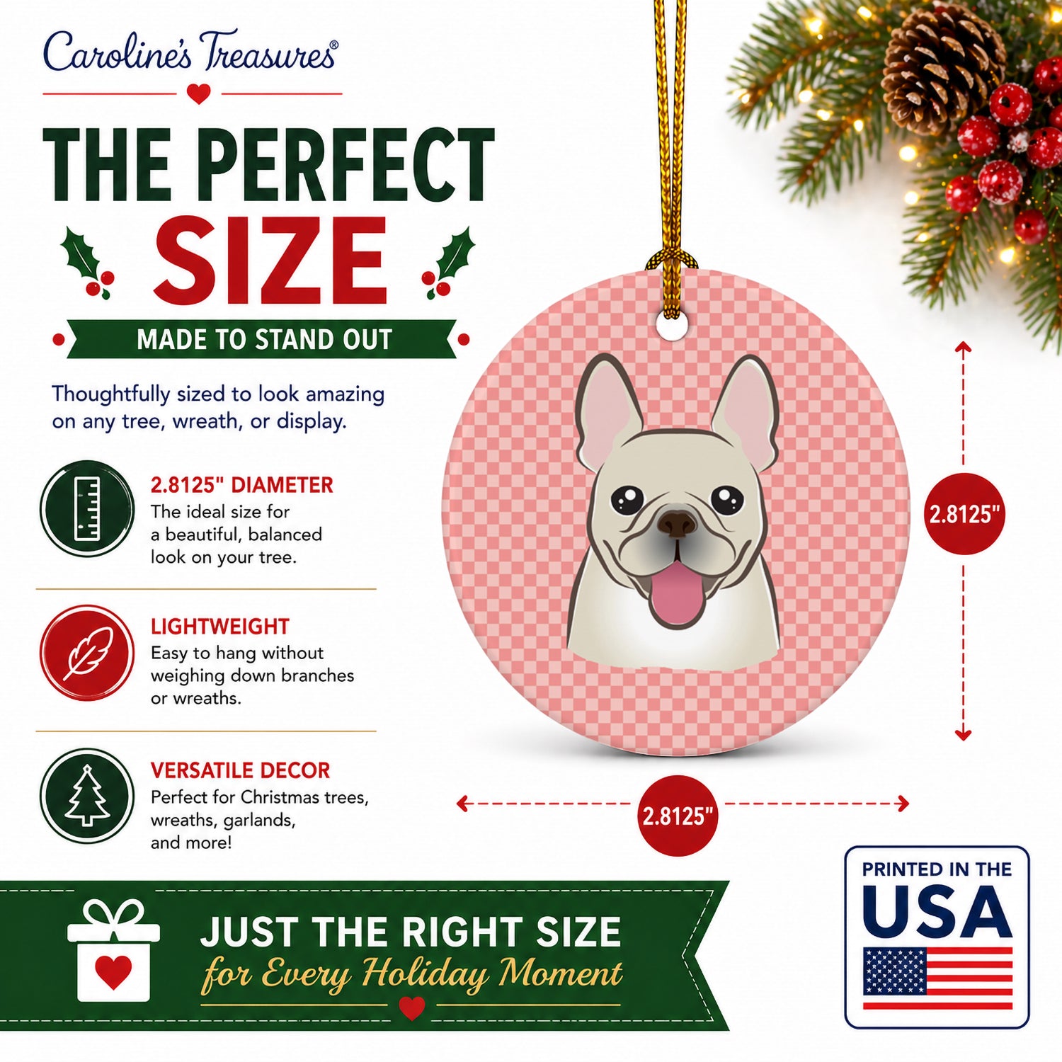 Checkerboard Pink French Bulldog Ceramic Ornament Christmas Tree Hanging Decorations for Home Christmas Holiday, Party, Gift, 3 in, Multicolor