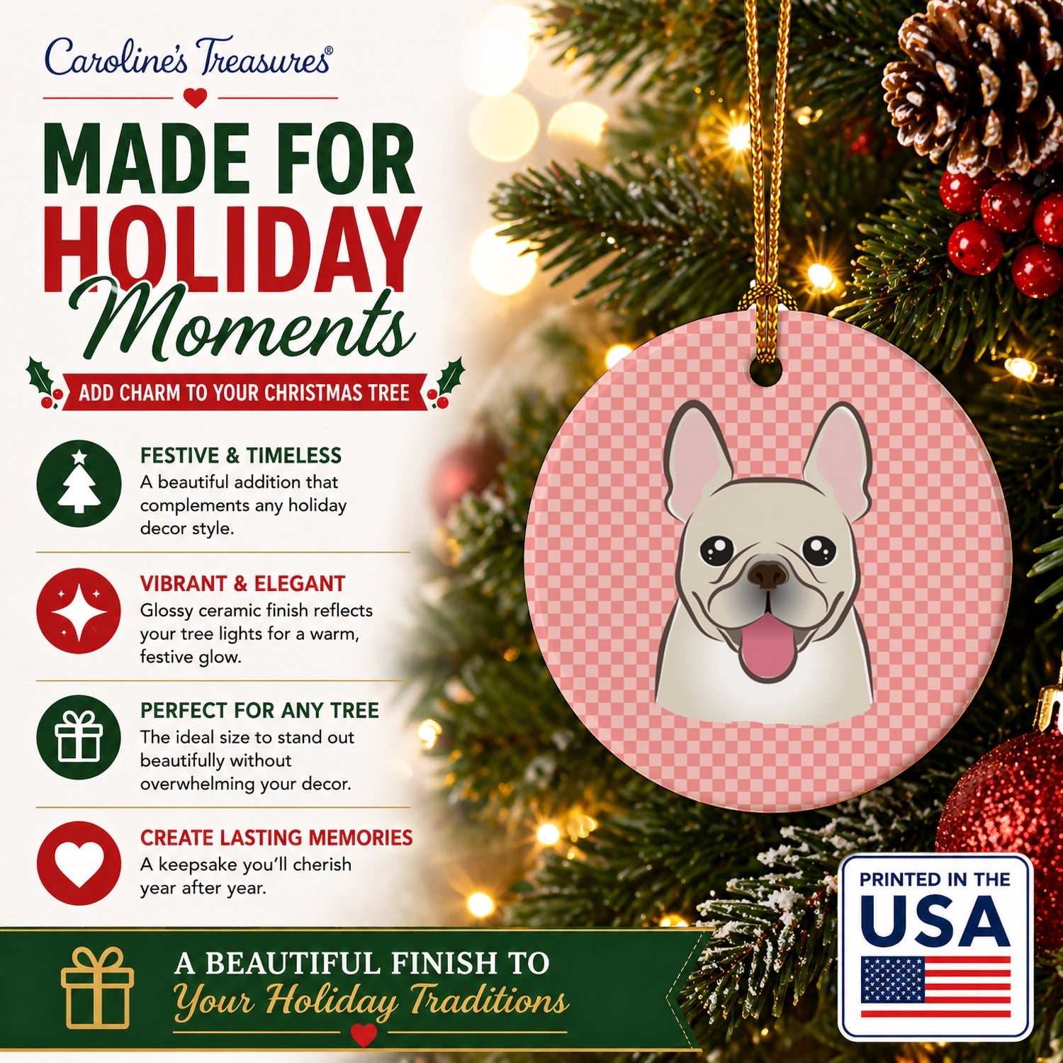 Checkerboard Pink French Bulldog Ceramic Ornament Christmas Tree Hanging Decorations for Home Christmas Holiday, Party, Gift, 3 in, Multicolor