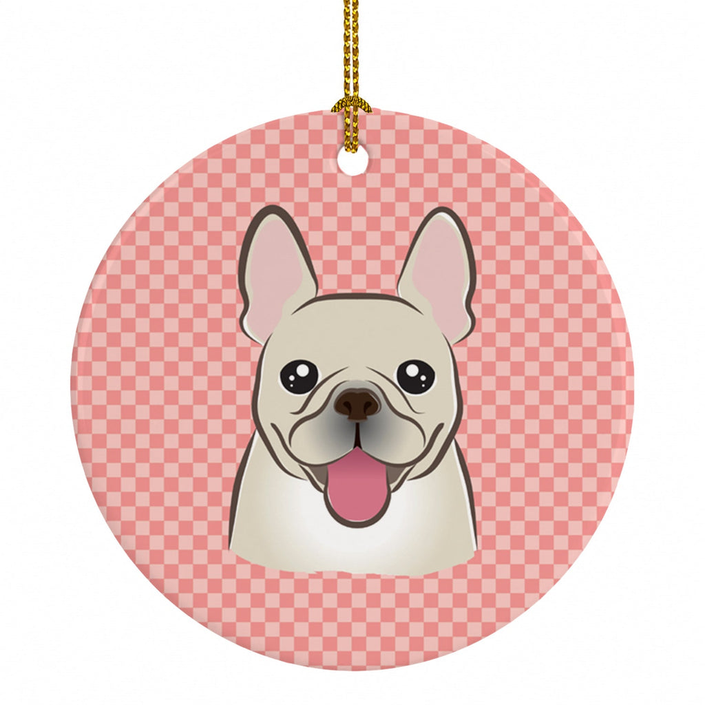 Checkerboard Pink French Bulldog Ceramic Ornament Christmas Tree Hanging Decorations for Home Christmas Holiday, Party, Gift, 3 in, Multicolor