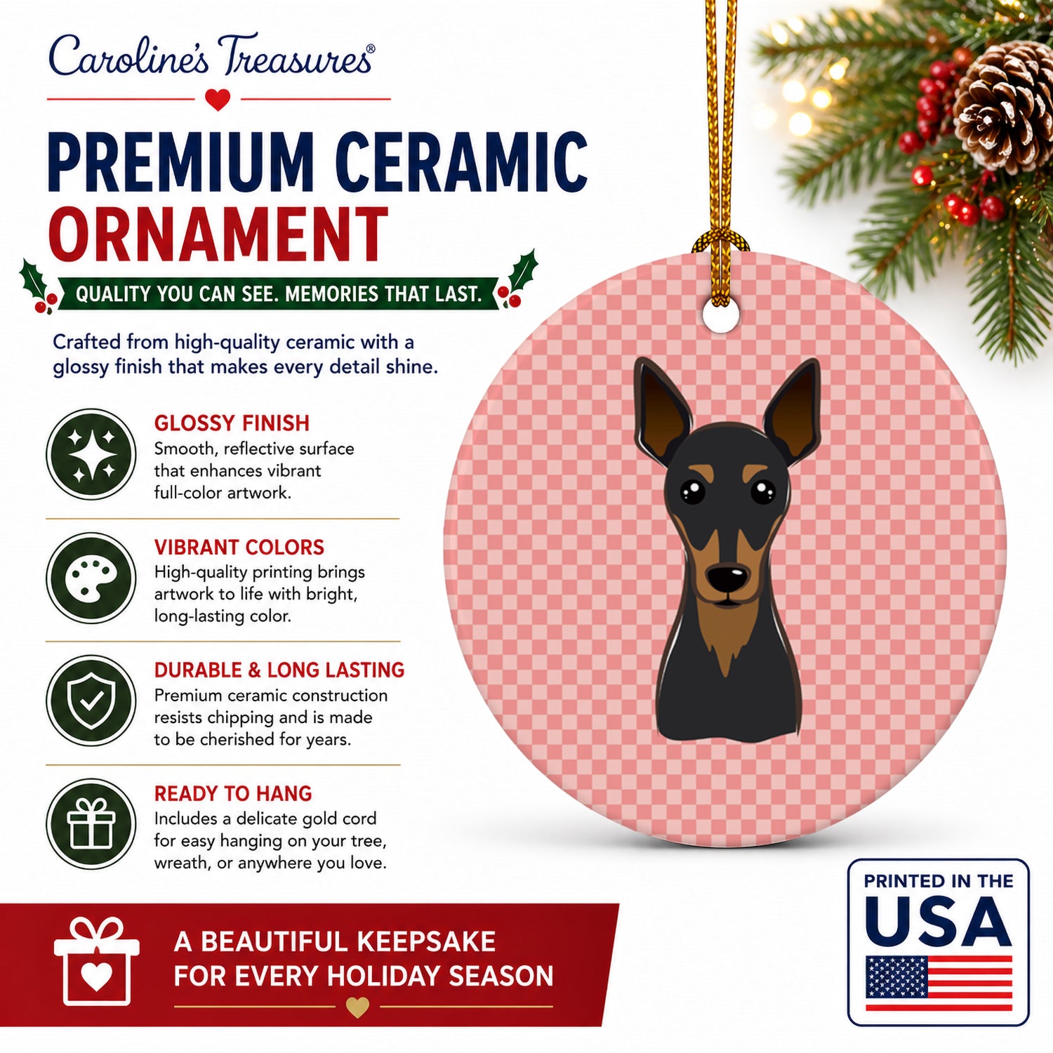 Checkerboard Pink Min Pin Ceramic Ornament Christmas Tree Hanging Decorations for Home Christmas Holiday, Party, Gift, 3 in, Multicolor