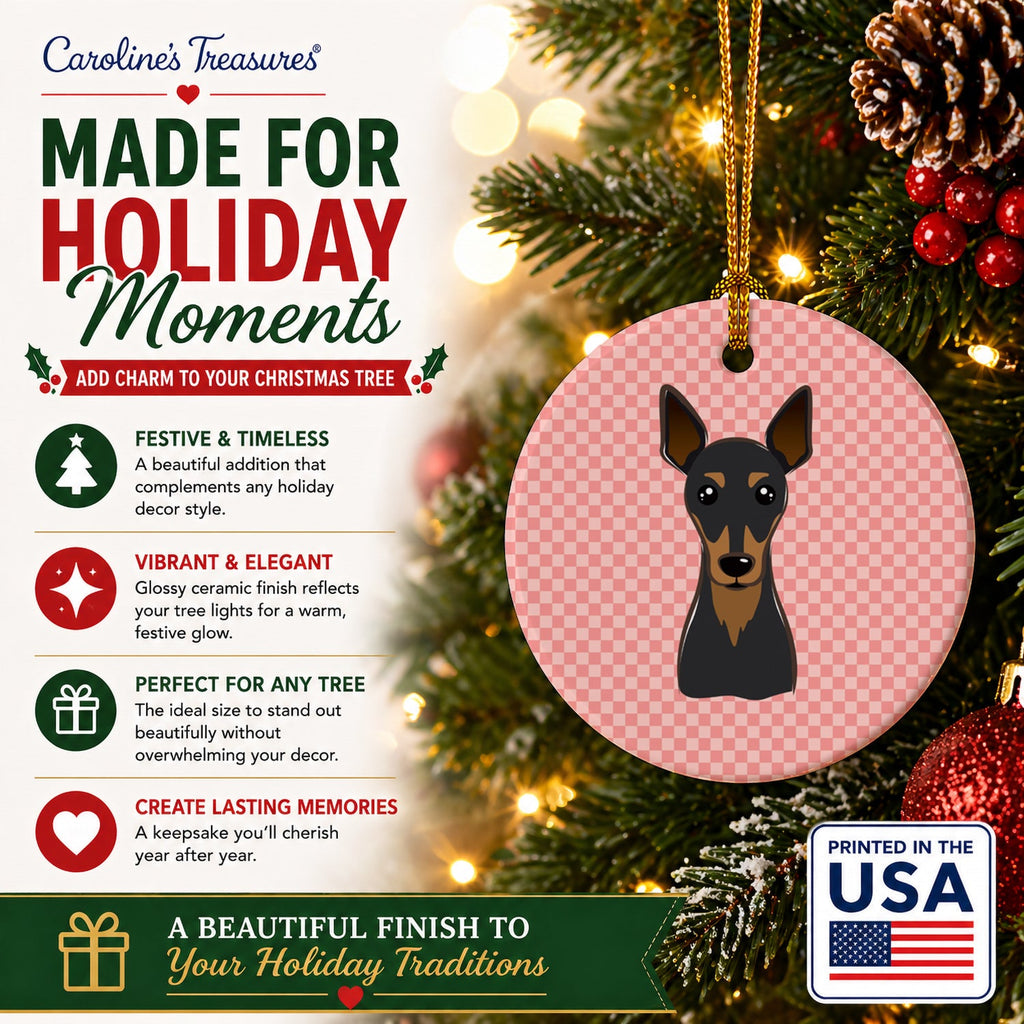 Checkerboard Pink Min Pin Ceramic Ornament Christmas Tree Hanging Decorations for Home Christmas Holiday, Party, Gift, 3 in, Multicolor