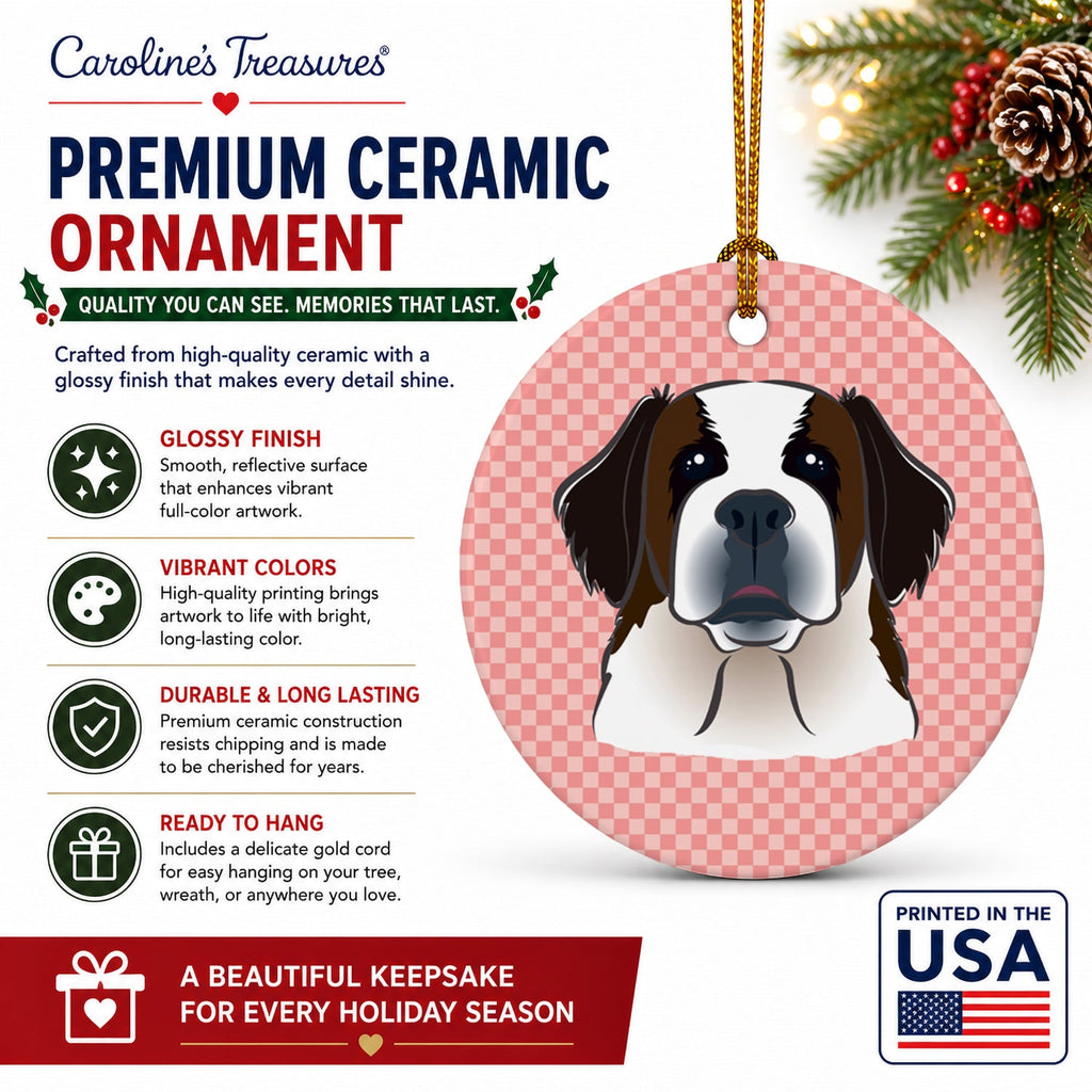 Checkerboard Pink Saint Bernard Ceramic Ornament Christmas Tree Hanging Decorations for Home Christmas Holiday, Party, Gift, 3 in, Multicolor