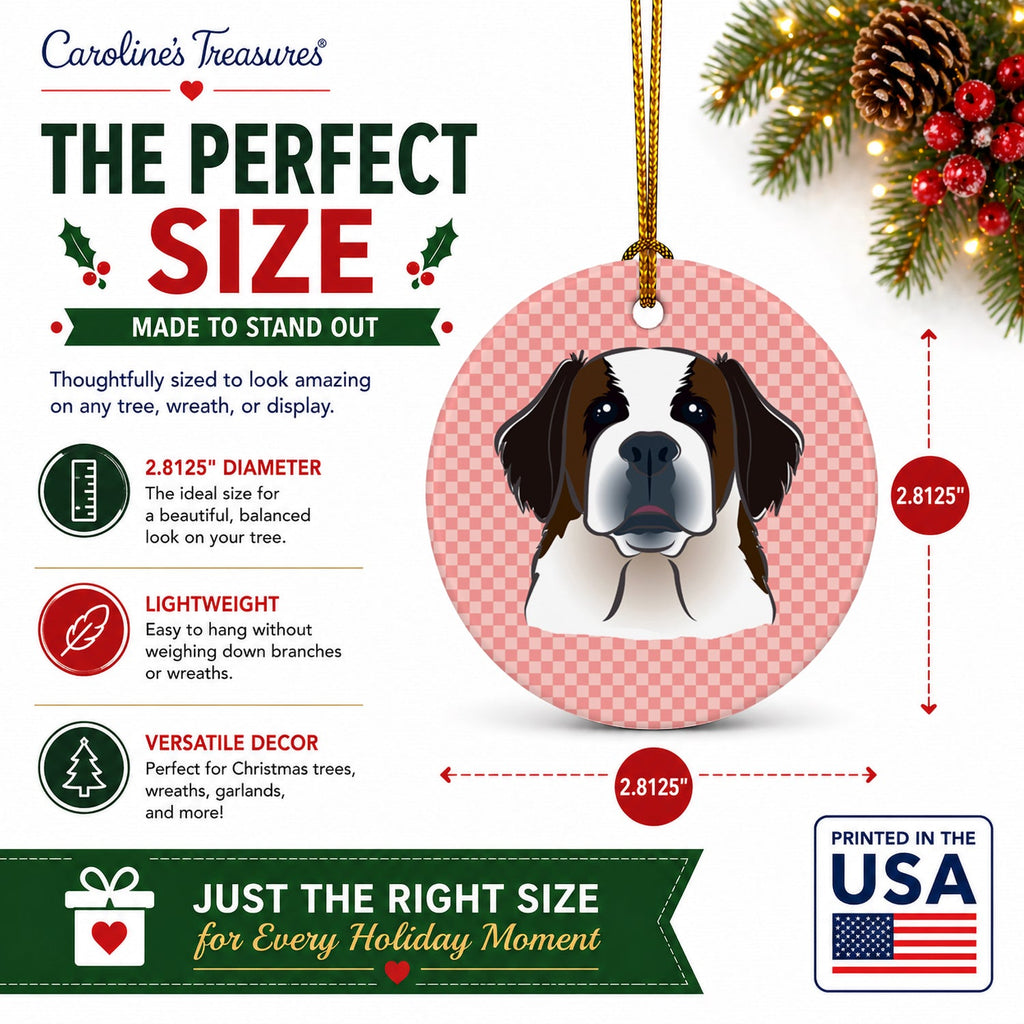 Checkerboard Pink Saint Bernard Ceramic Ornament Christmas Tree Hanging Decorations for Home Christmas Holiday, Party, Gift, 3 in, Multicolor