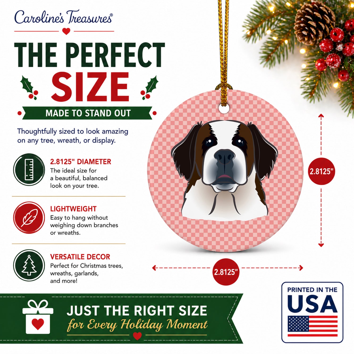 Checkerboard Pink Saint Bernard Ceramic Ornament Christmas Tree Hanging Decorations for Home Christmas Holiday, Party, Gift, 3 in, Multicolor