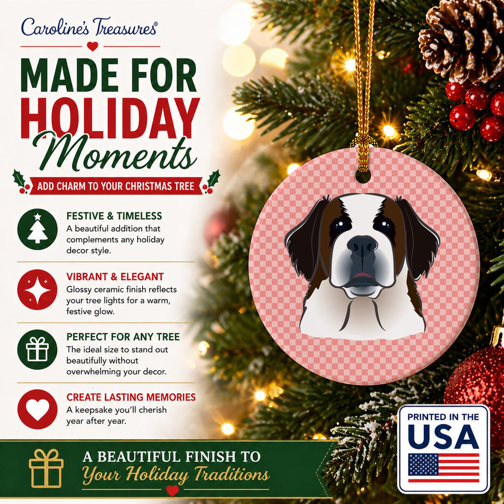 Checkerboard Pink Saint Bernard Ceramic Ornament Christmas Tree Hanging Decorations for Home Christmas Holiday, Party, Gift, 3 in, Multicolor