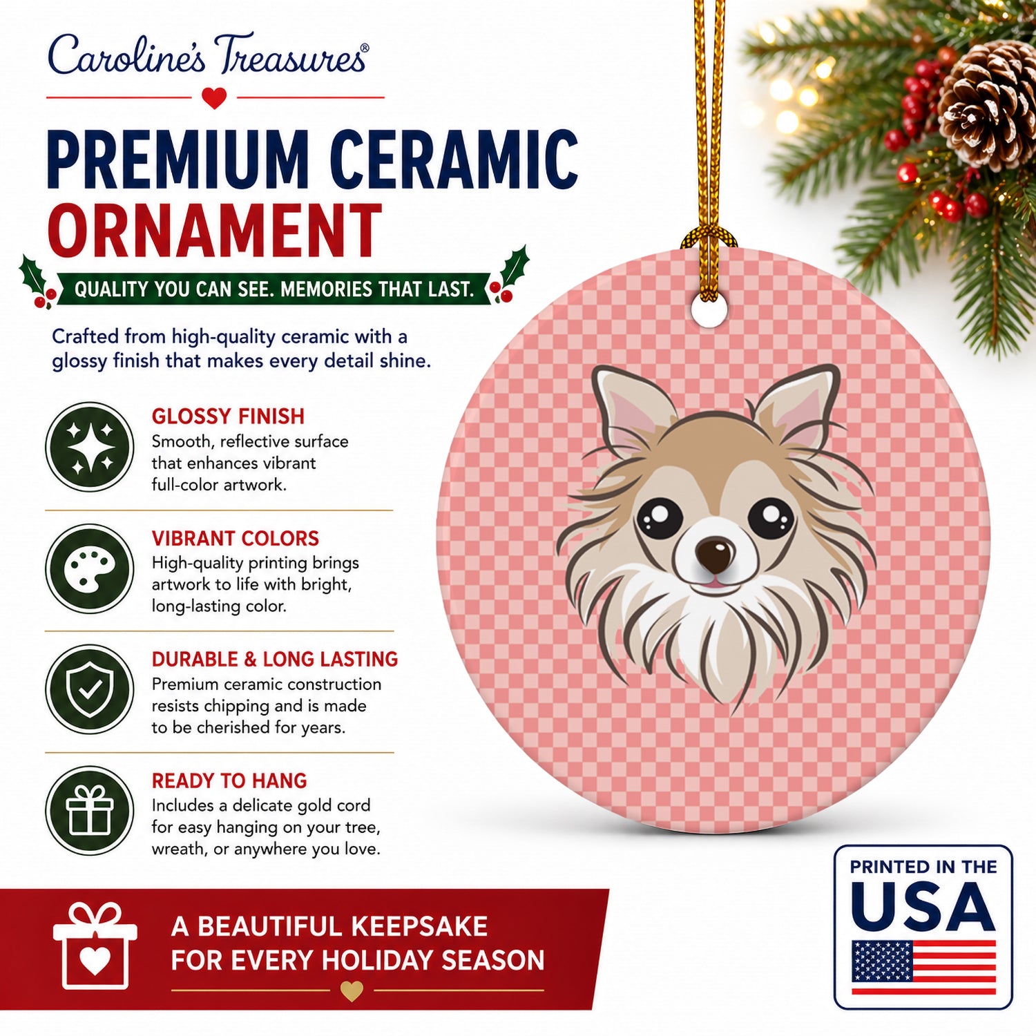 Checkerboard Pink Chihuahua Ceramic Ornament Christmas Tree Hanging Decorations for Home Christmas Holiday, Party, Gift, 3 in, Multicolor