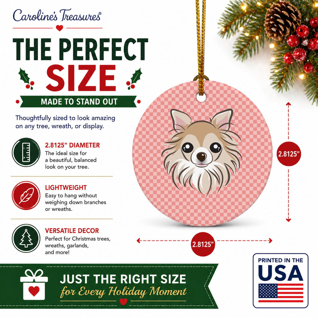 Checkerboard Pink Chihuahua Ceramic Ornament Christmas Tree Hanging Decorations for Home Christmas Holiday, Party, Gift, 3 in, Multicolor