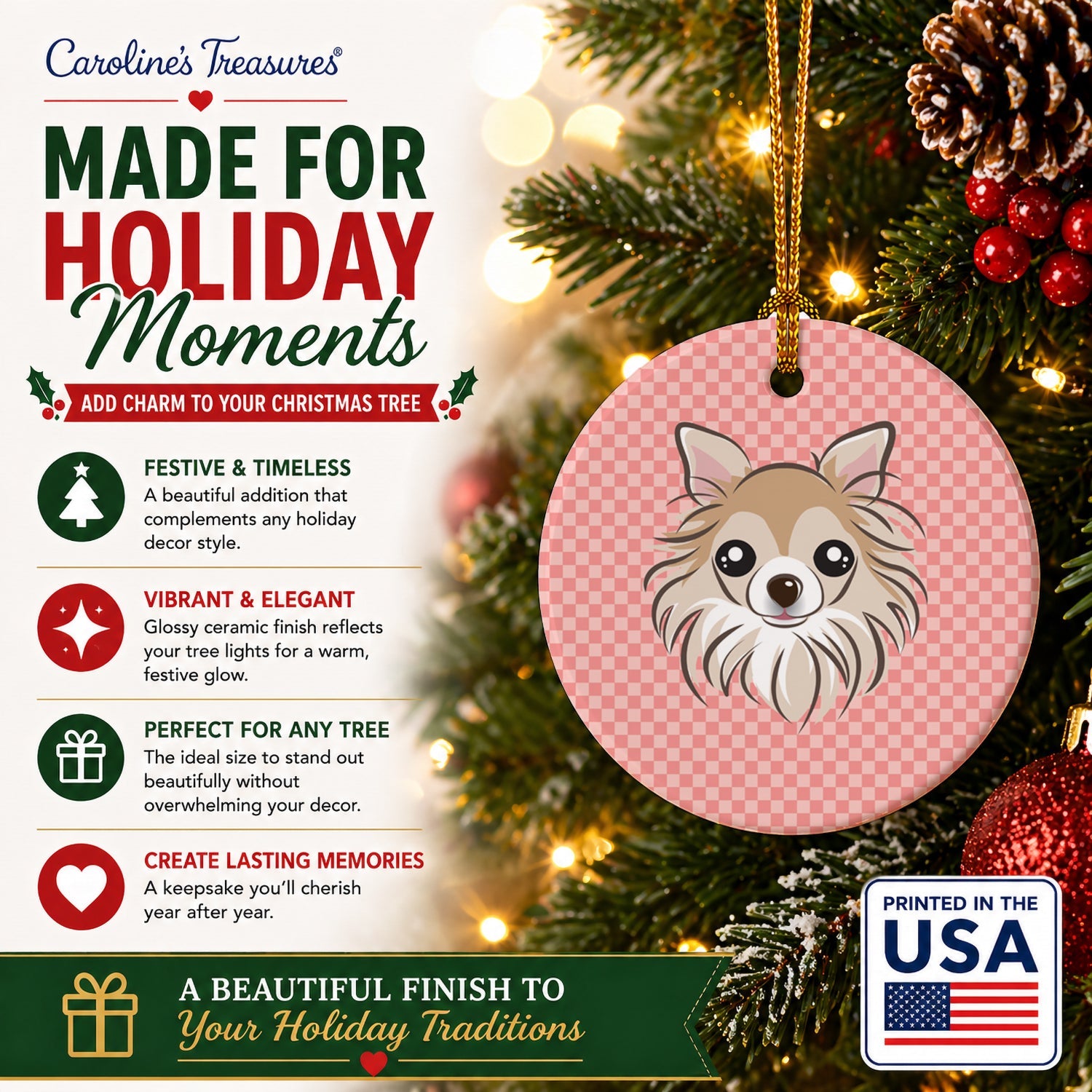 Checkerboard Pink Chihuahua Ceramic Ornament Christmas Tree Hanging Decorations for Home Christmas Holiday, Party, Gift, 3 in, Multicolor
