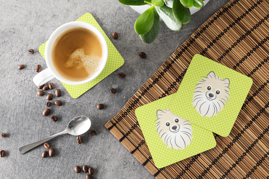 Checkerboard Lime Green Pomeranian Foam Coasters Set of 4 Cup Coasters for Indoor Outdoor, Tabletop Protection, Anti Slip, Mouse pad Material