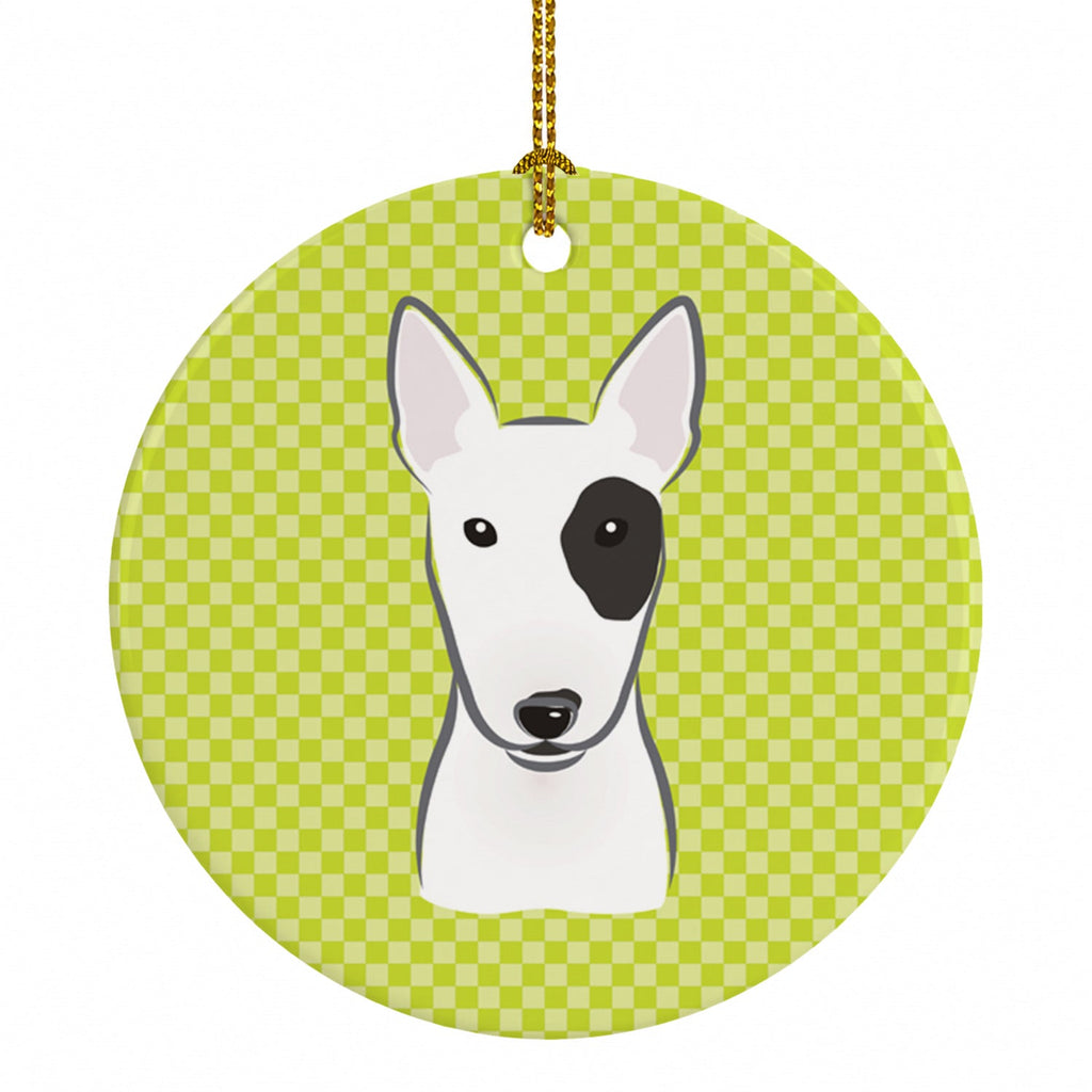 Checkerboard Lime Green Bull Terrier Ceramic Ornament Christmas Tree Hanging Decorations for Home Christmas Holiday, Party, Gift, 3 in, Multicolor