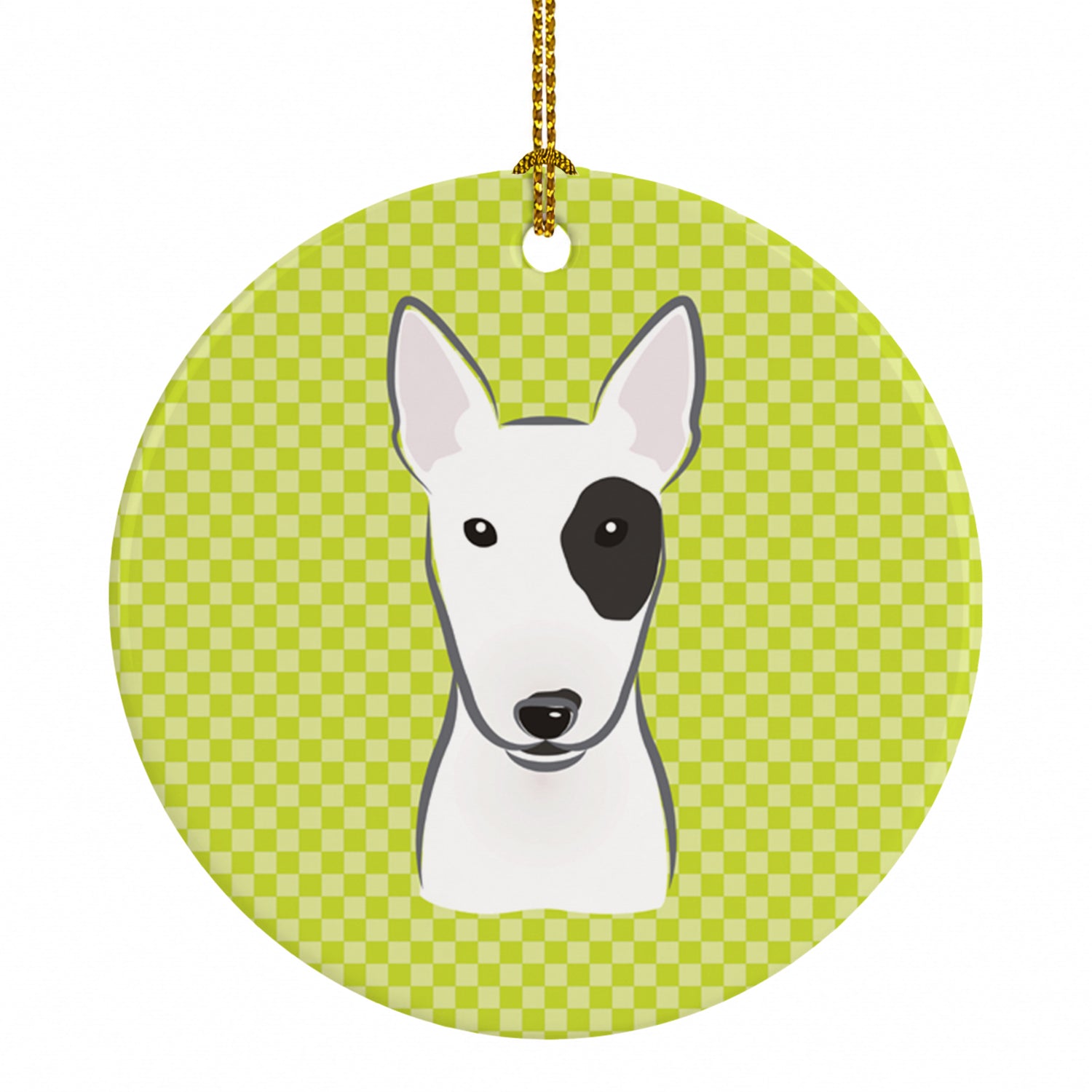 Checkerboard Lime Green Bull Terrier Ceramic Ornament Christmas Tree Hanging Decorations for Home Christmas Holiday, Party, Gift, 3 in, Multicolor