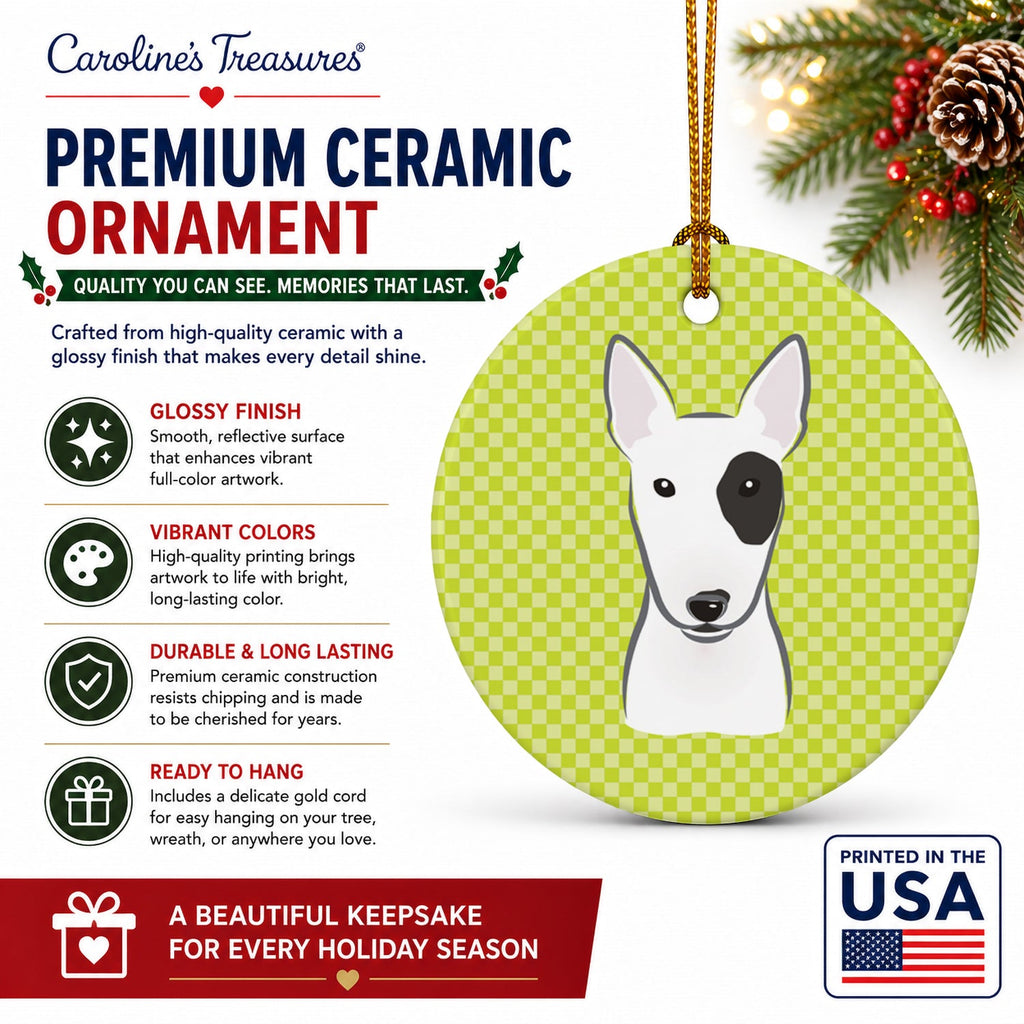 Checkerboard Lime Green Bull Terrier Ceramic Ornament Christmas Tree Hanging Decorations for Home Christmas Holiday, Party, Gift, 3 in, Multicolor
