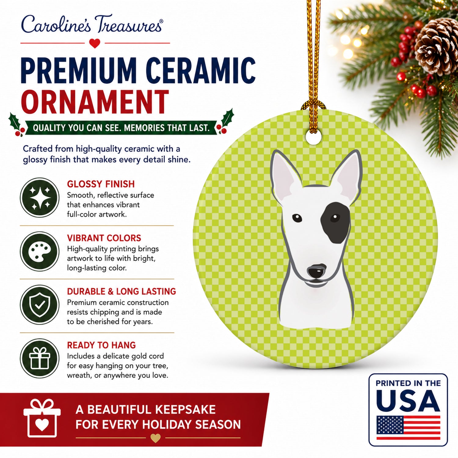 Checkerboard Lime Green Bull Terrier Ceramic Ornament Christmas Tree Hanging Decorations for Home Christmas Holiday, Party, Gift, 3 in, Multicolor