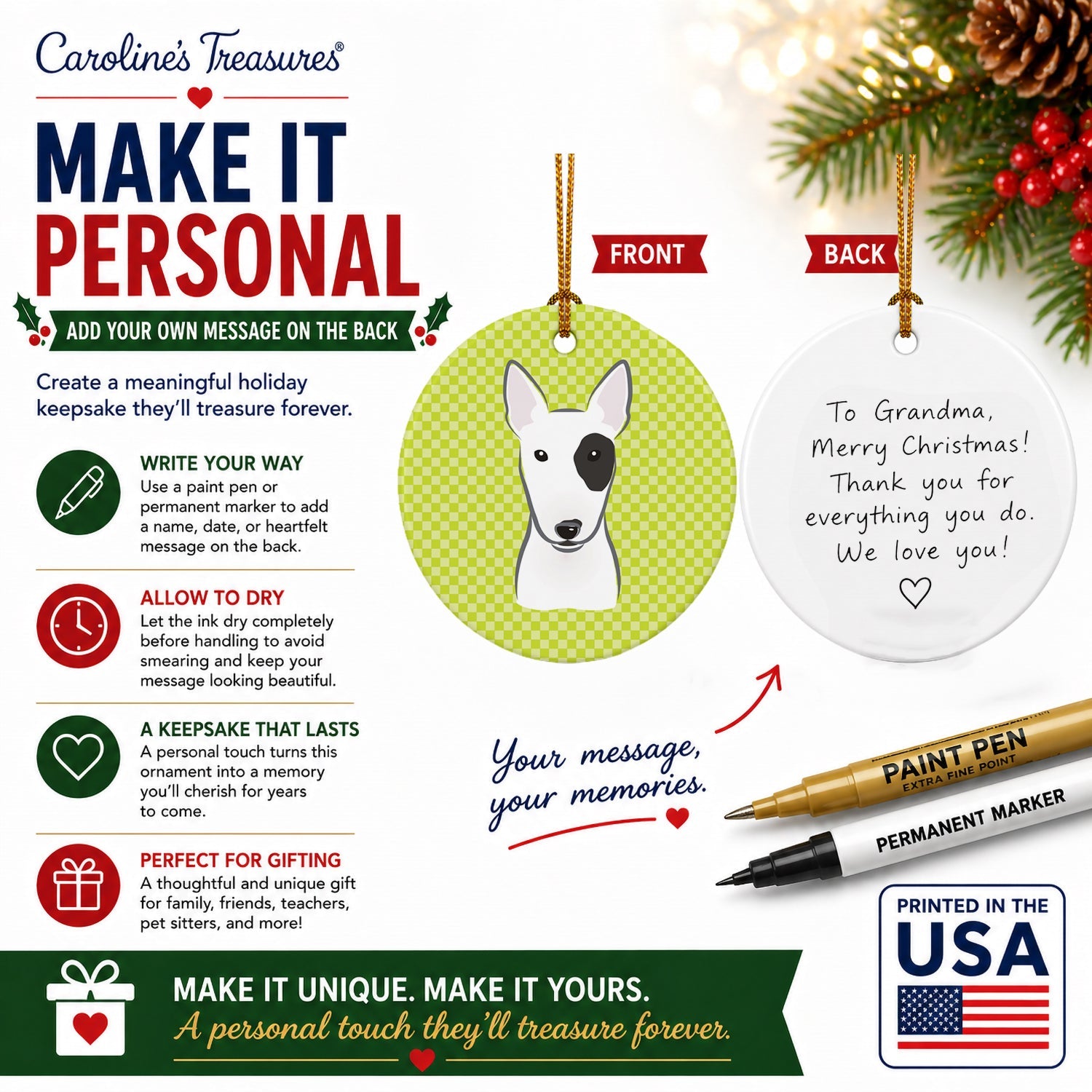 Checkerboard Lime Green Bull Terrier Ceramic Ornament Christmas Tree Hanging Decorations for Home Christmas Holiday, Party, Gift, 3 in, Multicolor