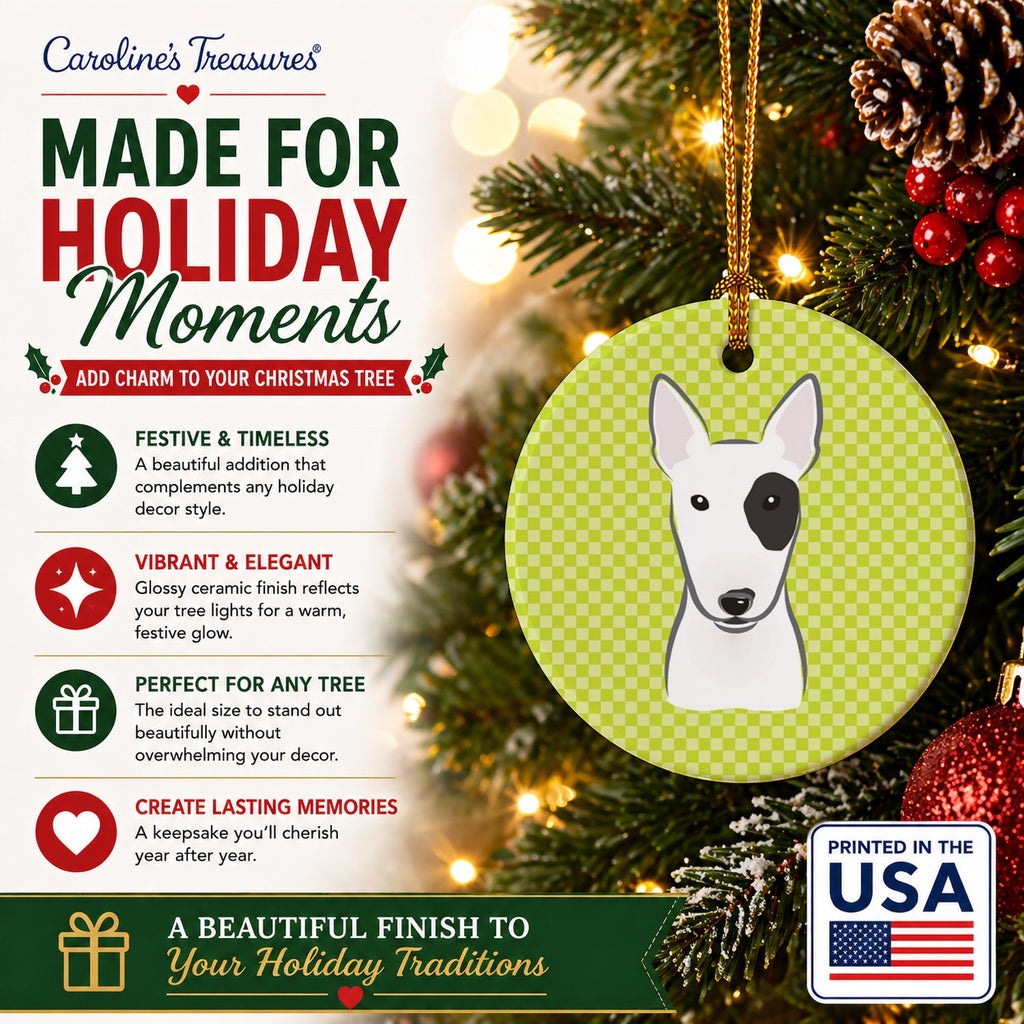 Checkerboard Lime Green Bull Terrier Ceramic Ornament Christmas Tree Hanging Decorations for Home Christmas Holiday, Party, Gift, 3 in, Multicolor