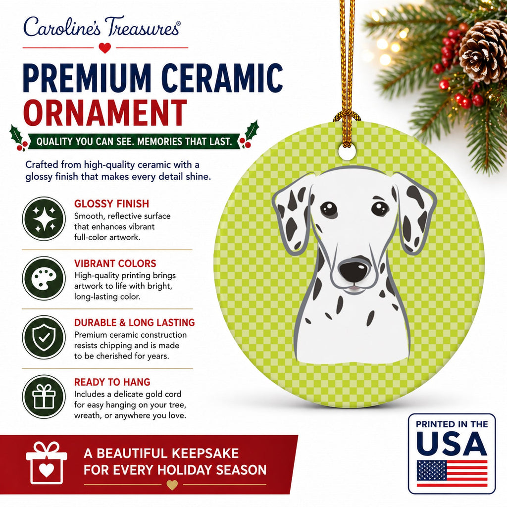 Checkerboard Lime Green Dalmatian Ceramic Ornament Christmas Tree Hanging Decorations for Home Christmas Holiday, Party, Gift, 3 in, Multicolor