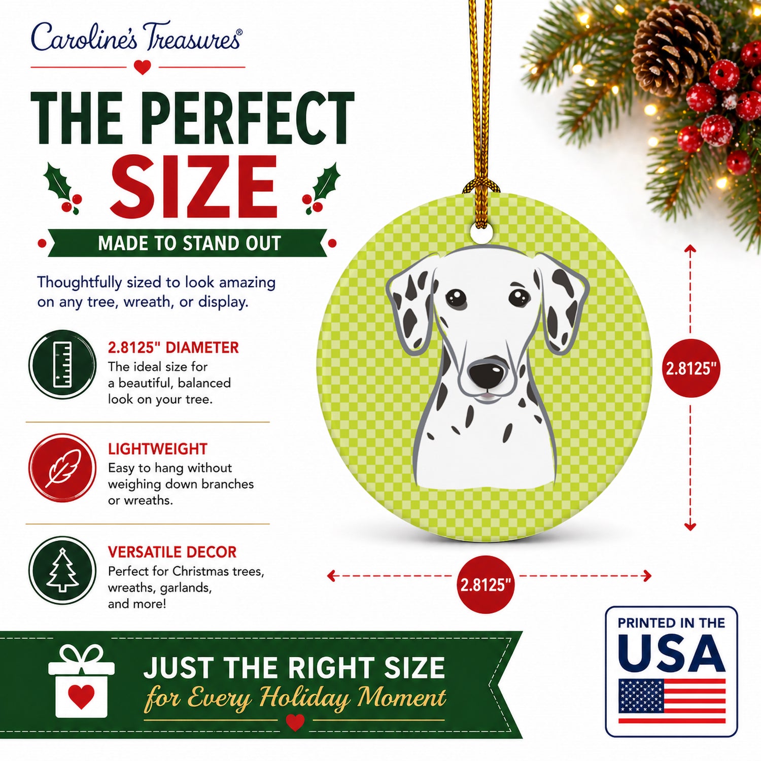 Checkerboard Lime Green Dalmatian Ceramic Ornament Christmas Tree Hanging Decorations for Home Christmas Holiday, Party, Gift, 3 in, Multicolor