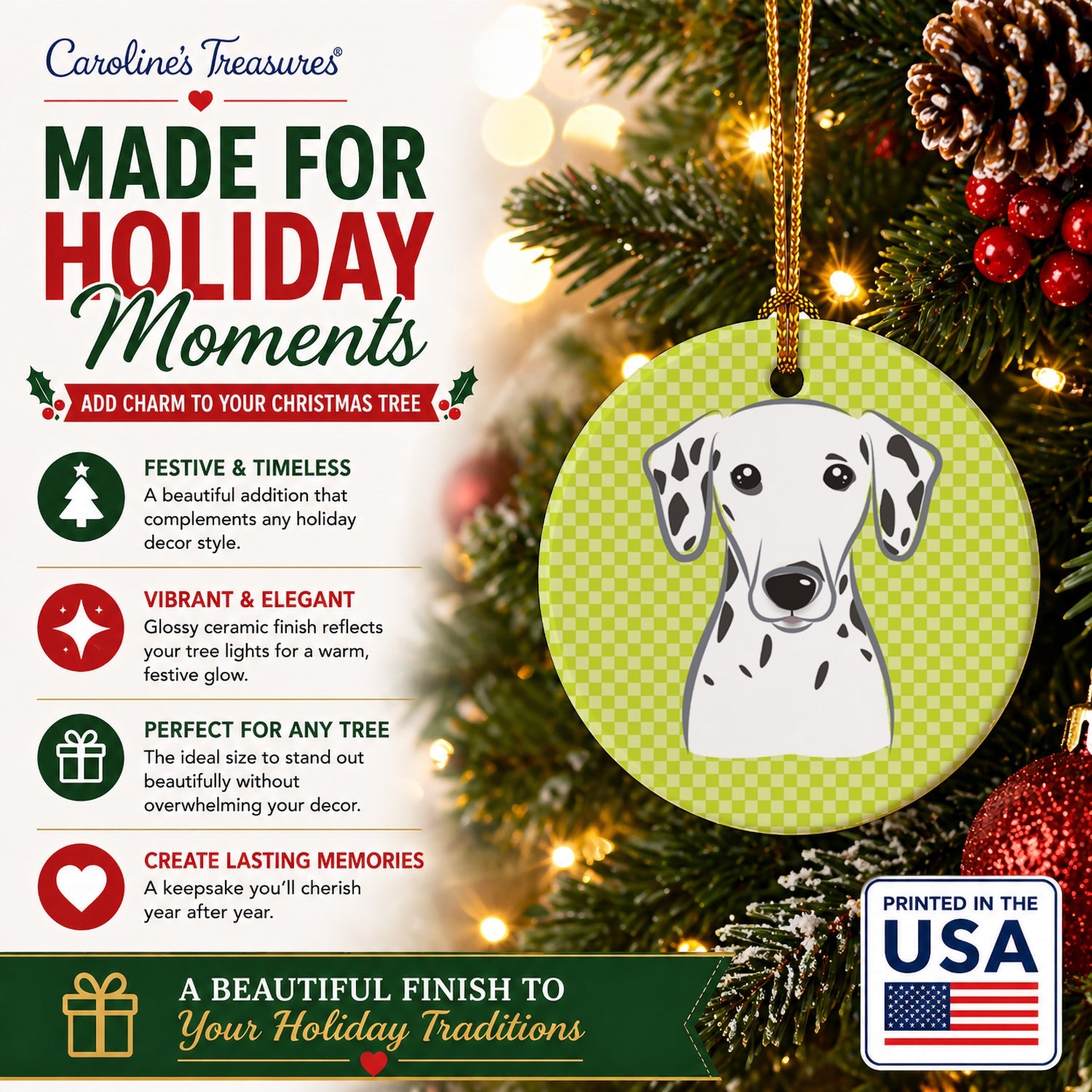 Checkerboard Lime Green Dalmatian Ceramic Ornament Christmas Tree Hanging Decorations for Home Christmas Holiday, Party, Gift, 3 in, Multicolor