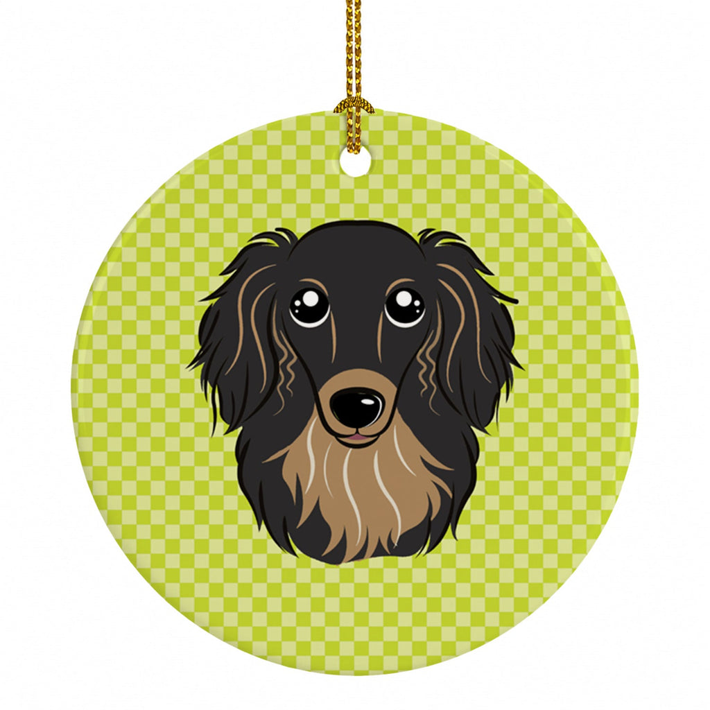 Checkerboard Lime Green Longhair Black and Tan Dachshund Ceramic Ornament Christmas Tree Hanging Decorations for Home Christmas Holiday, Party, Gift, 3 in, Multicolor