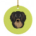 Checkerboard Lime Green Longhair Black and Tan Dachshund Ceramic Ornament Christmas Tree Hanging Decorations for Home Christmas Holiday, Party, Gift, 3 in, Multicolor