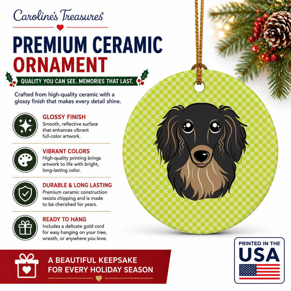 Checkerboard Lime Green Longhair Black and Tan Dachshund Ceramic Ornament Christmas Tree Hanging Decorations for Home Christmas Holiday, Party, Gift, 3 in, Multicolor