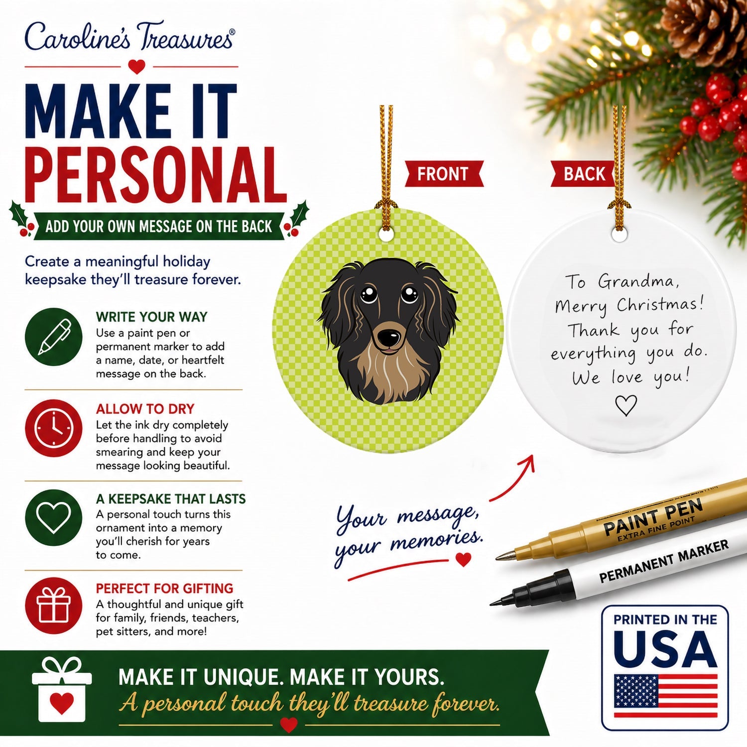 Checkerboard Lime Green Longhair Black and Tan Dachshund Ceramic Ornament Christmas Tree Hanging Decorations for Home Christmas Holiday, Party, Gift, 3 in, Multicolor