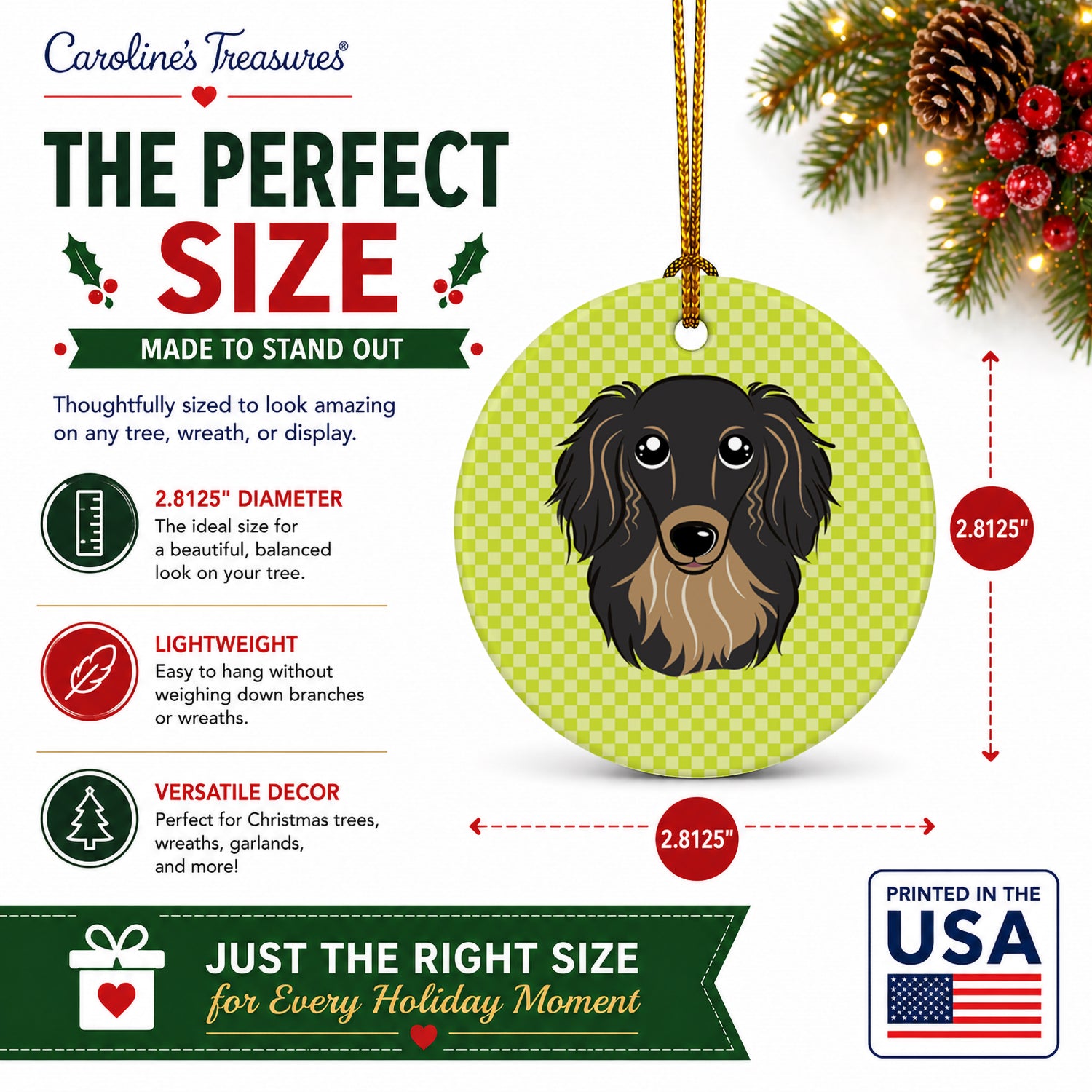 Checkerboard Lime Green Longhair Black and Tan Dachshund Ceramic Ornament Christmas Tree Hanging Decorations for Home Christmas Holiday, Party, Gift, 3 in, Multicolor