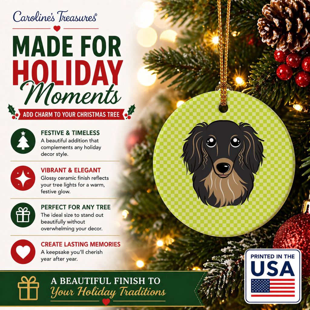Checkerboard Lime Green Longhair Black and Tan Dachshund Ceramic Ornament Christmas Tree Hanging Decorations for Home Christmas Holiday, Party, Gift, 3 in, Multicolor