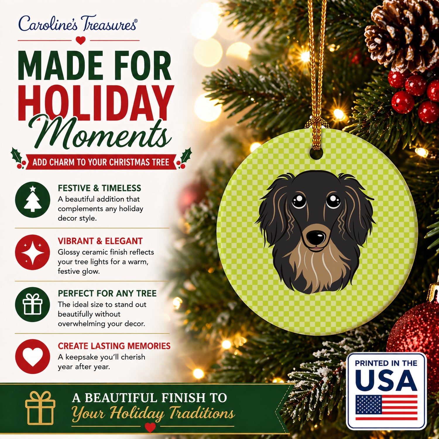 Checkerboard Lime Green Longhair Black and Tan Dachshund Ceramic Ornament Christmas Tree Hanging Decorations for Home Christmas Holiday, Party, Gift, 3 in, Multicolor