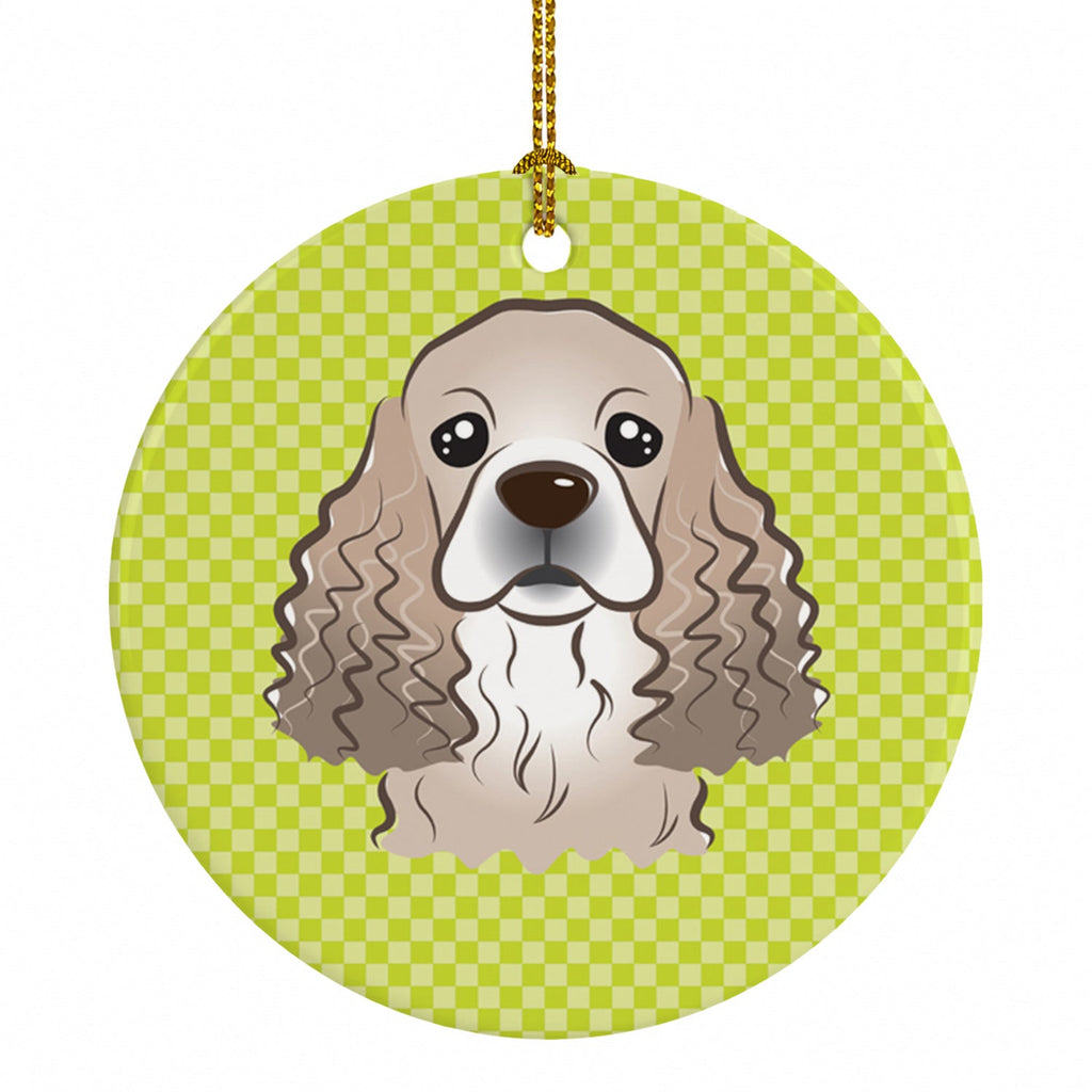 Checkerboard Lime Green Cocker Spaniel Ceramic Ornament Christmas Tree Hanging Decorations for Home Christmas Holiday, Party, Gift, 3 in, Multicolor