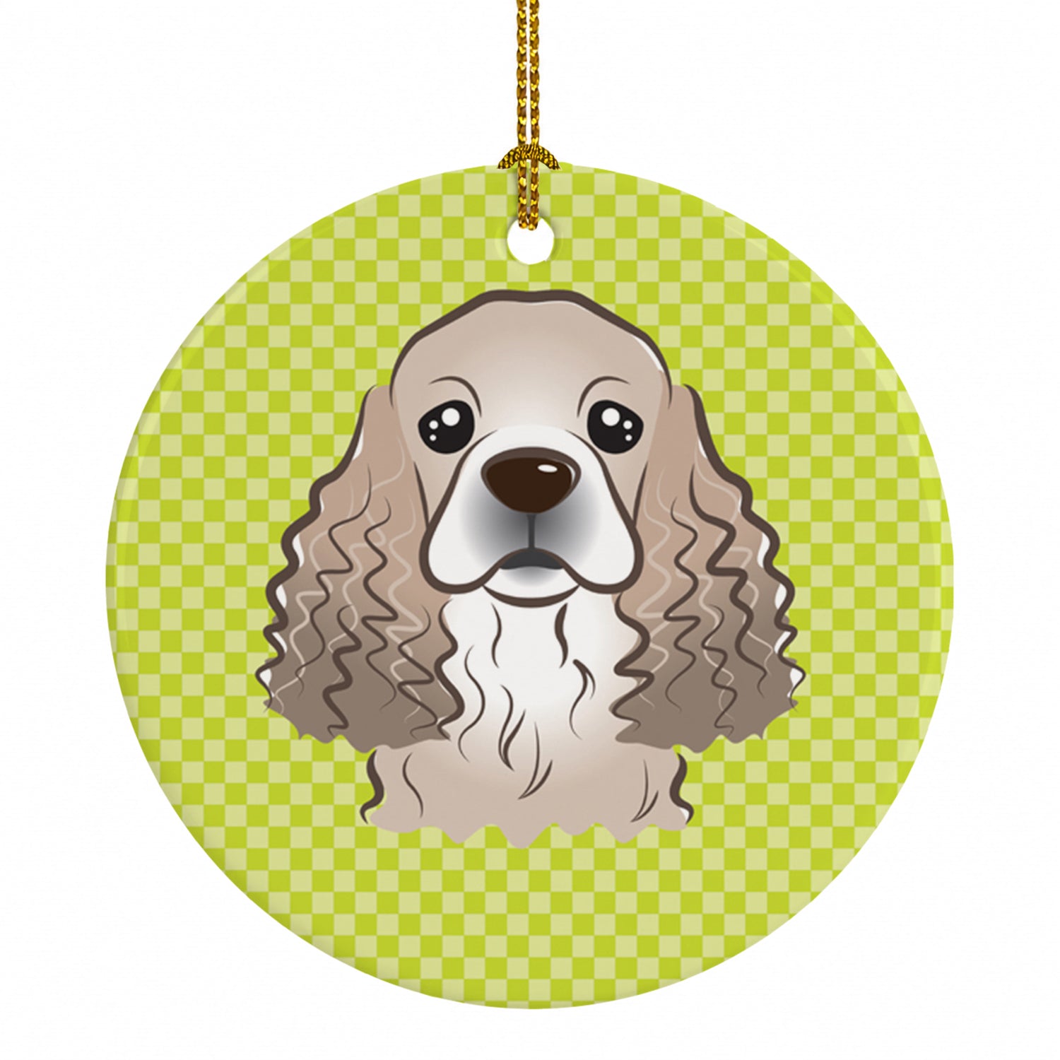 Checkerboard Lime Green Cocker Spaniel Ceramic Ornament Christmas Tree Hanging Decorations for Home Christmas Holiday, Party, Gift, 3 in, Multicolor