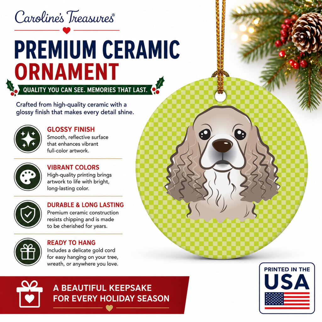 Checkerboard Lime Green Cocker Spaniel Ceramic Ornament Christmas Tree Hanging Decorations for Home Christmas Holiday, Party, Gift, 3 in, Multicolor