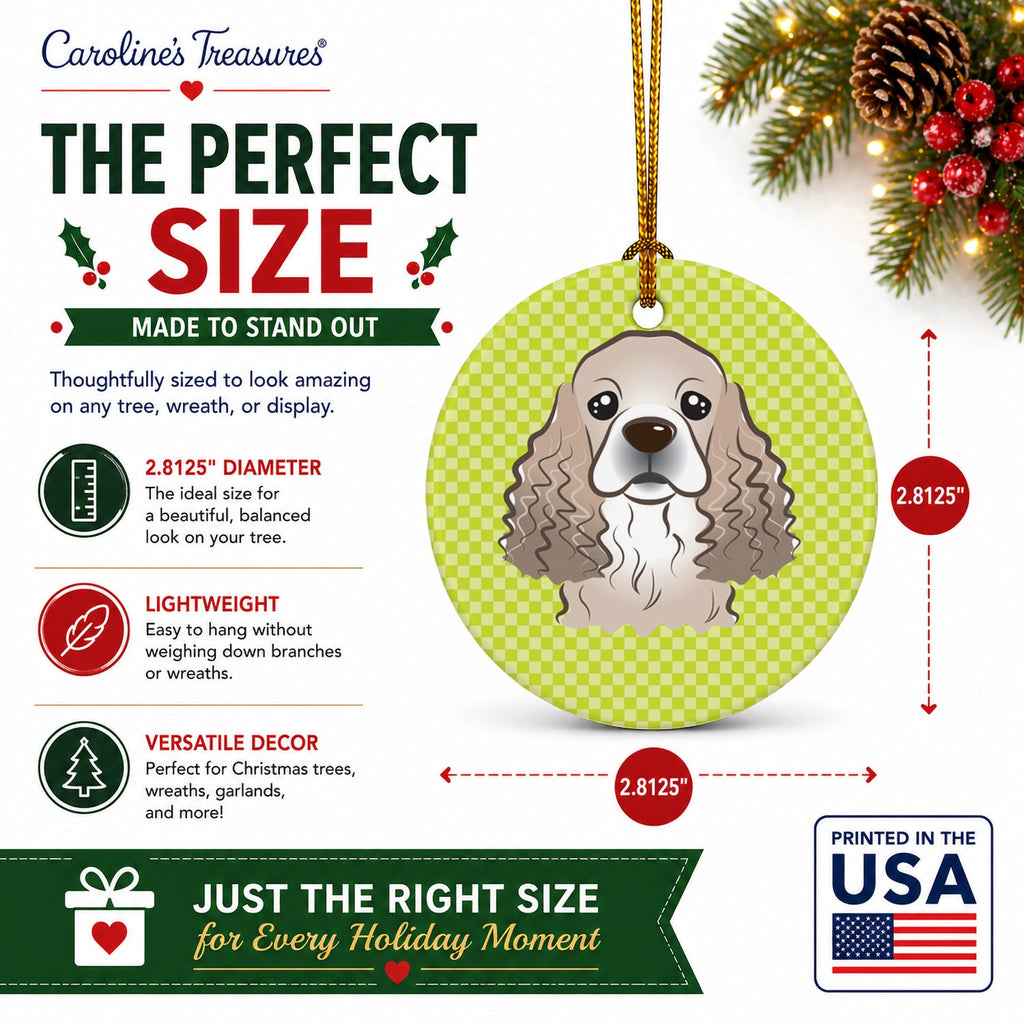 Checkerboard Lime Green Cocker Spaniel Ceramic Ornament Christmas Tree Hanging Decorations for Home Christmas Holiday, Party, Gift, 3 in, Multicolor