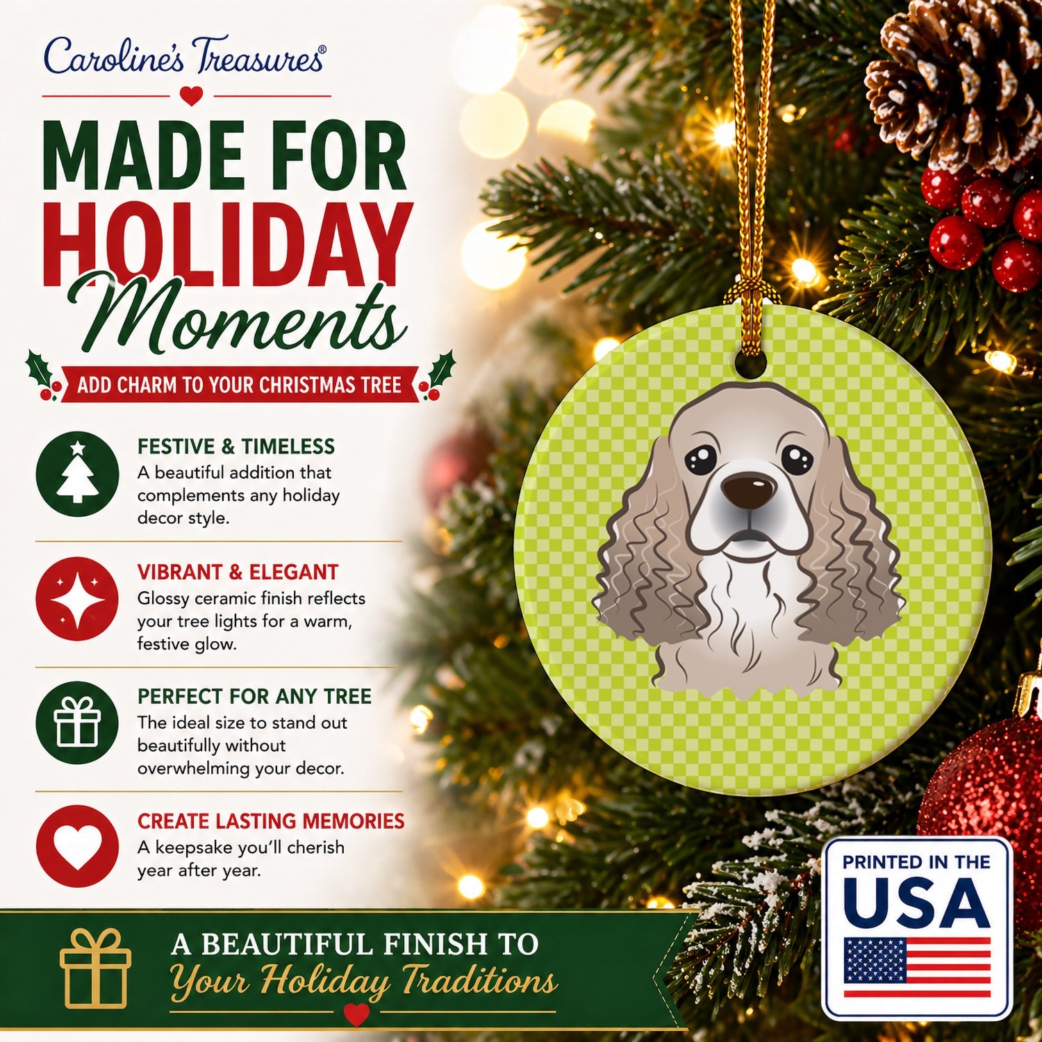 Checkerboard Lime Green Cocker Spaniel Ceramic Ornament Christmas Tree Hanging Decorations for Home Christmas Holiday, Party, Gift, 3 in, Multicolor